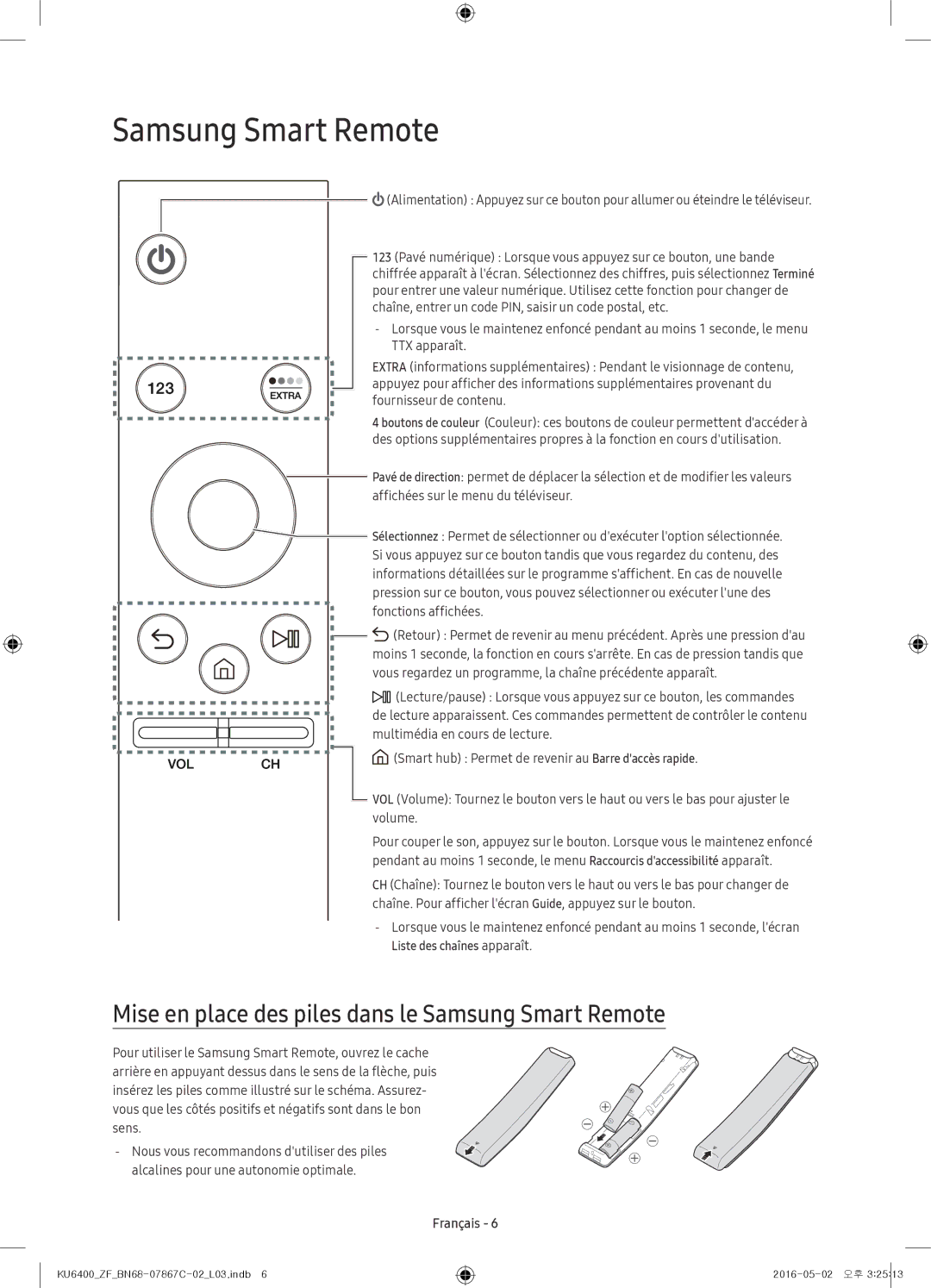 Samsung UE40KU6400UXZF, UE49KU6400UXXC, UE55KU6400UXZG manual Mise en place des piles dans le Samsung Smart Remote 