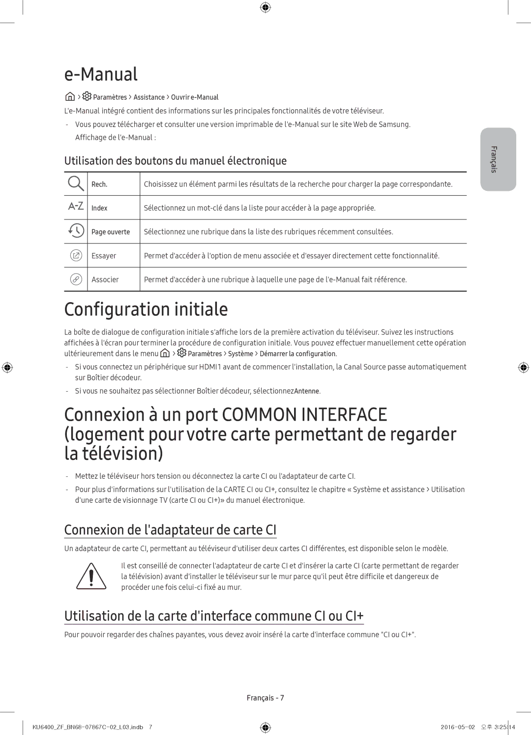 Samsung UE55KU6400UXZF, UE49KU6400UXXC, UE55KU6400UXZG Manual, Configuration initiale, Connexion de ladaptateur de carte CI 