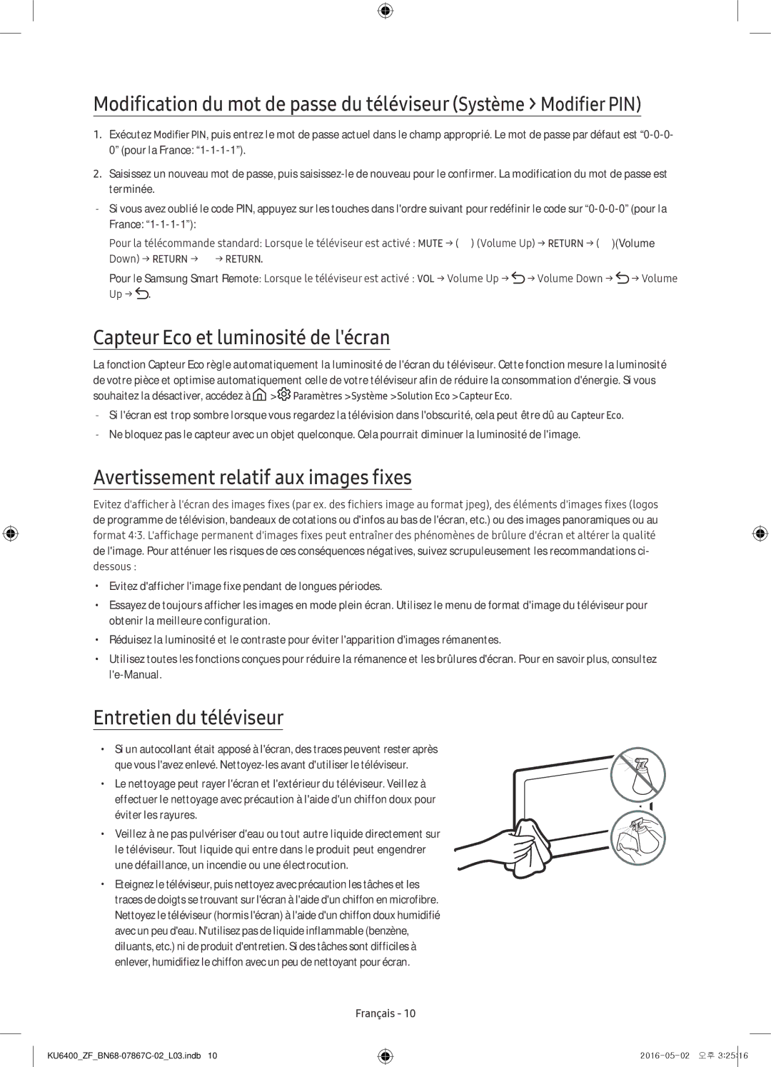 Samsung UE49KU6400UXXC, UE55KU6400UXZG manual Capteur Eco et luminosité de lécran, Avertissement relatif aux images fixes 