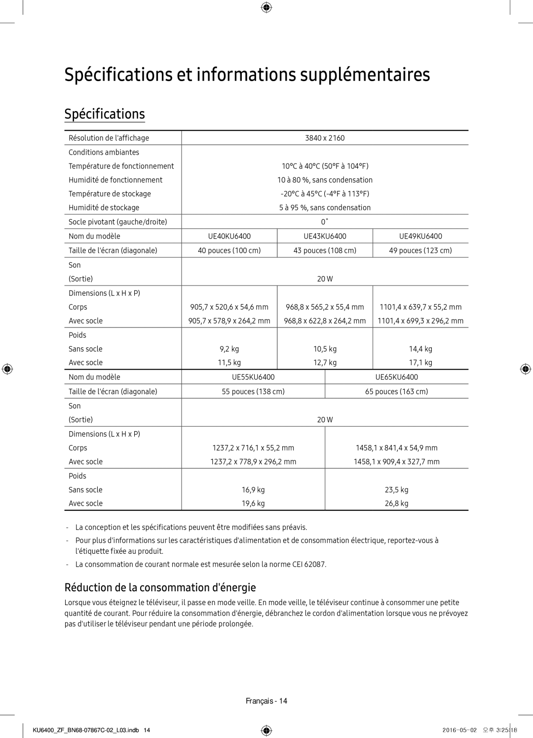 Samsung UE40KU6400UXZF manual Spécifications et informations supplémentaires, Réduction de la consommation dénergie 