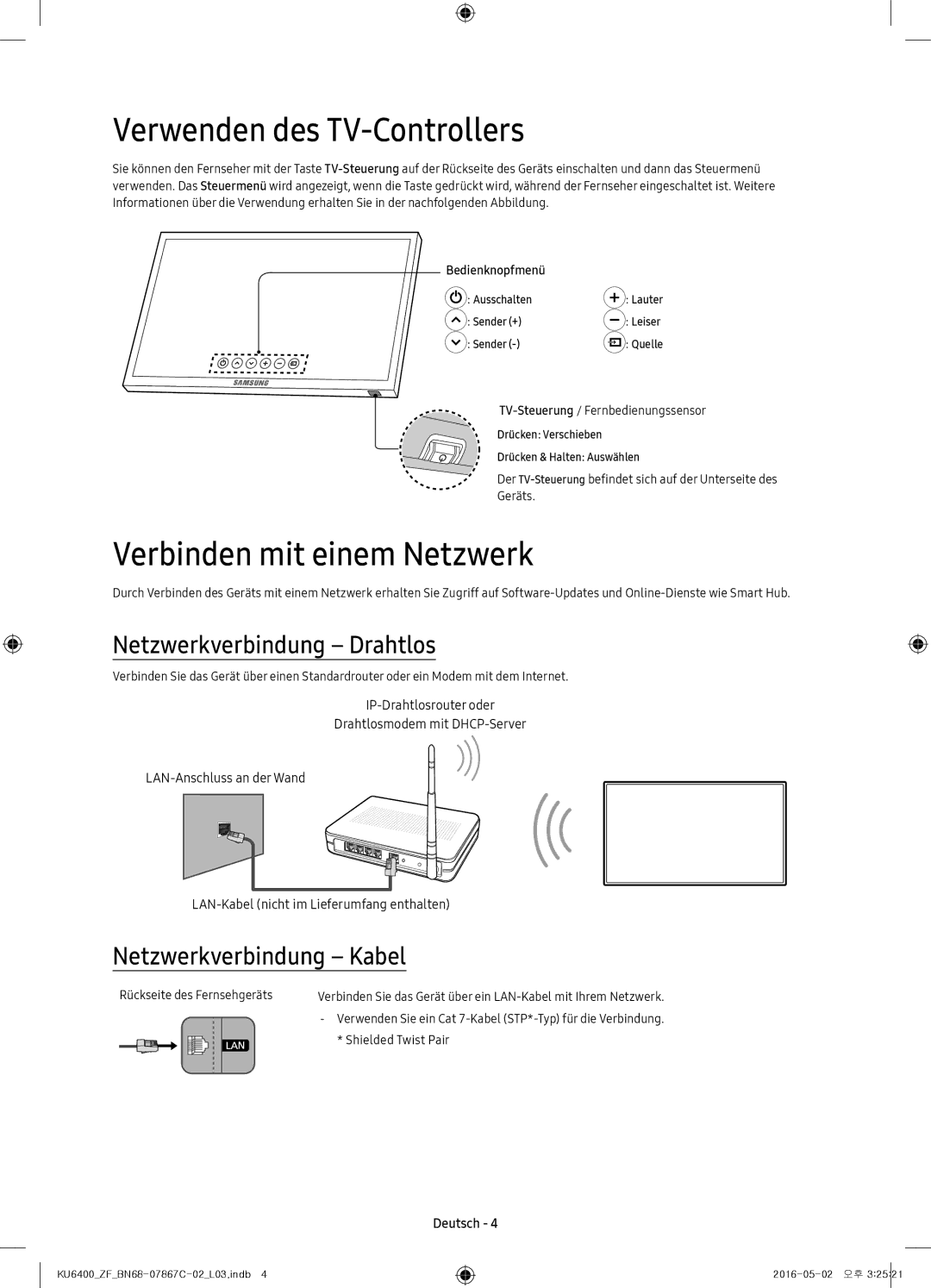 Samsung UE49KU6400UXXC manual Verwenden des TV-Controllers, Verbinden mit einem Netzwerk, Netzwerkverbindung Drahtlos 