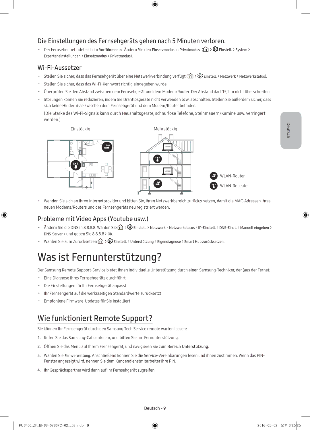 Samsung UE55KU6400UXZF, UE49KU6400UXXC manual Was ist Fernunterstützung?, Wie funktioniert Remote Support?, Wi-Fi-Aussetzer 