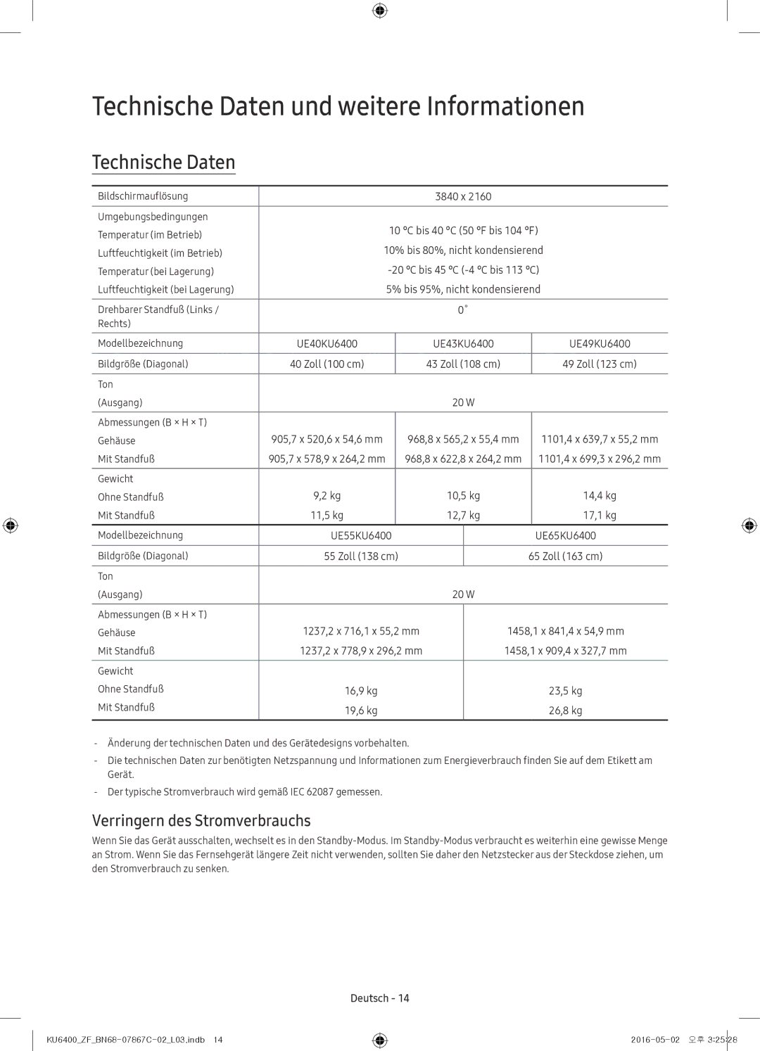 Samsung UE49KU6400UXZG, UE49KU6400UXXC manual Technische Daten und weitere Informationen, Verringern des Stromverbrauchs 