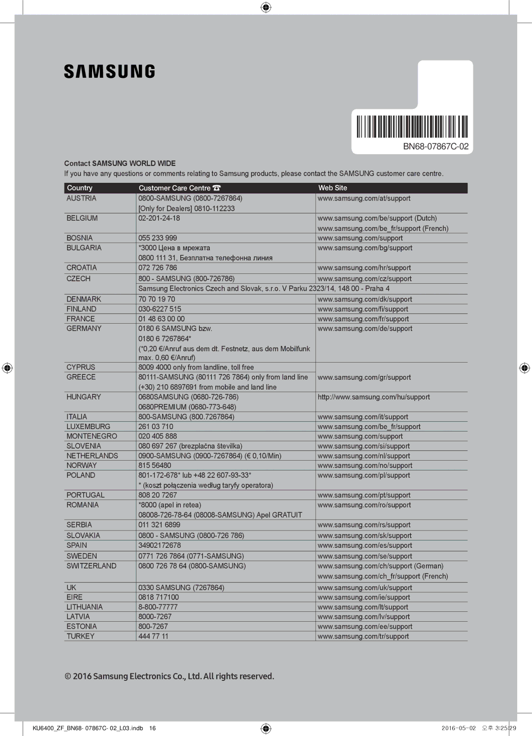 Samsung UE40KU6400UXZF, UE49KU6400UXXC, UE55KU6400UXZG, UE49KU6400UXZG, UE40KU6400UXZG, UE55KU6400UXZF manual BN68-07867C-02 