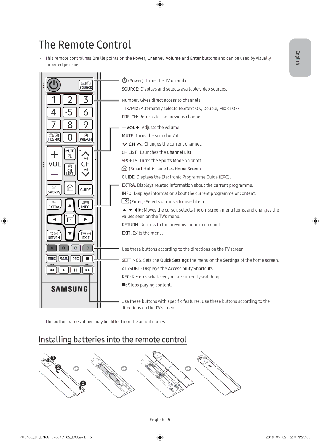 Samsung UE55KU6400UXZF, UE49KU6400UXXC, UE55KU6400UXZG manual Remote Control, Installing batteries into the remote control 