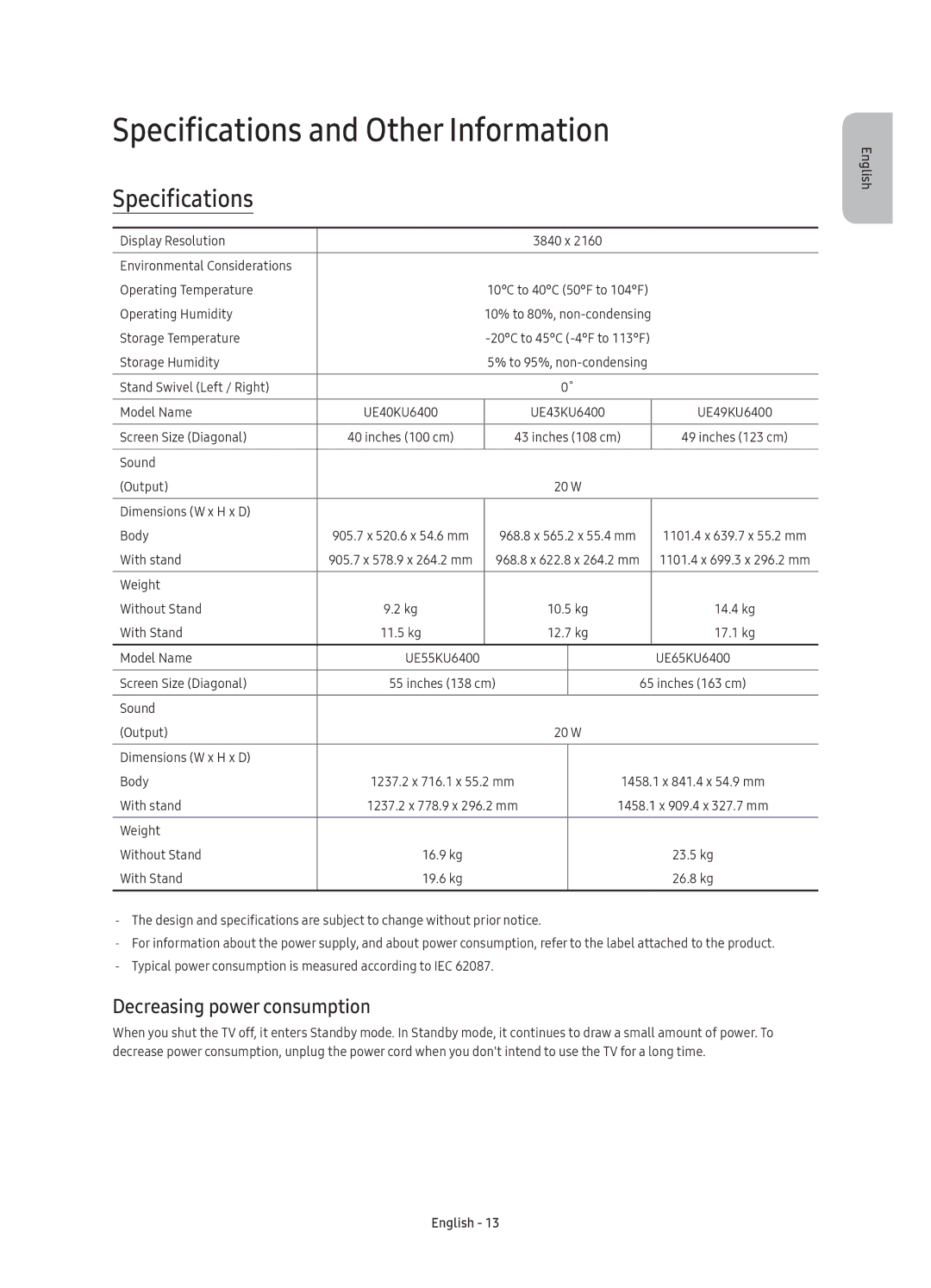 Samsung UE43KU6400UXZT, UE49KU6400UXZT, UE65KU6400UXZT Specifications and Other Information, Decreasing power consumption 