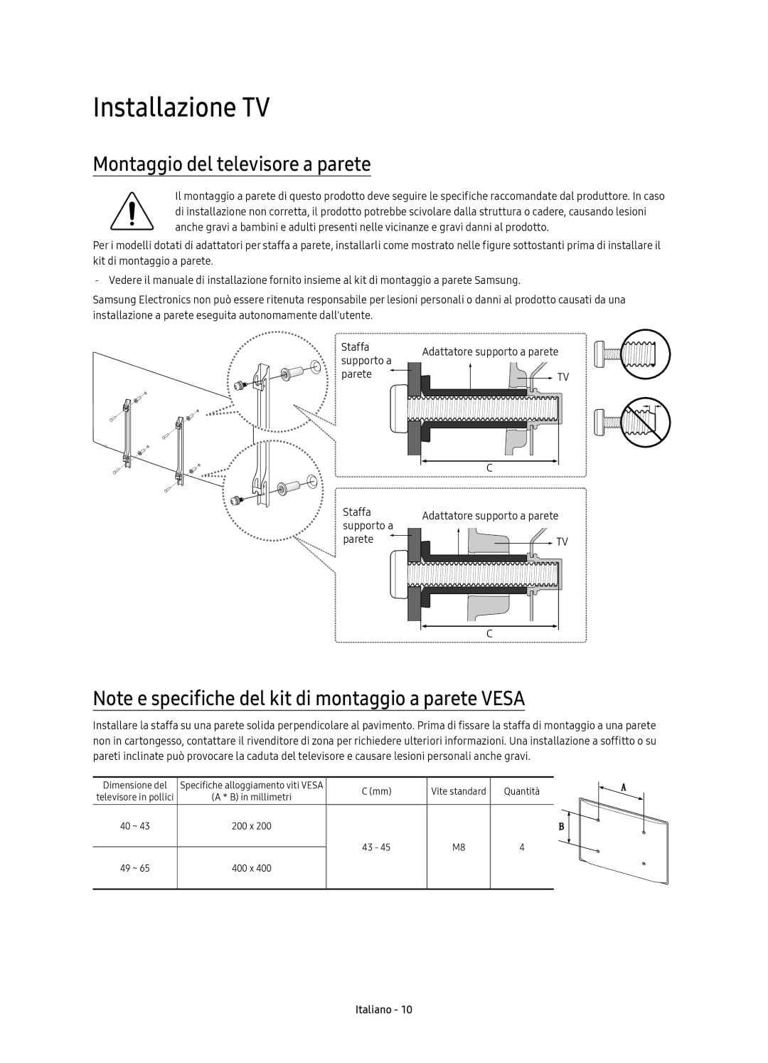 Samsung UE40KU6400UXZT, UE49KU6400UXZT, UE65KU6400UXZT, UE55KU6400UXZT Installazione TV, Montaggio del televisore a parete 