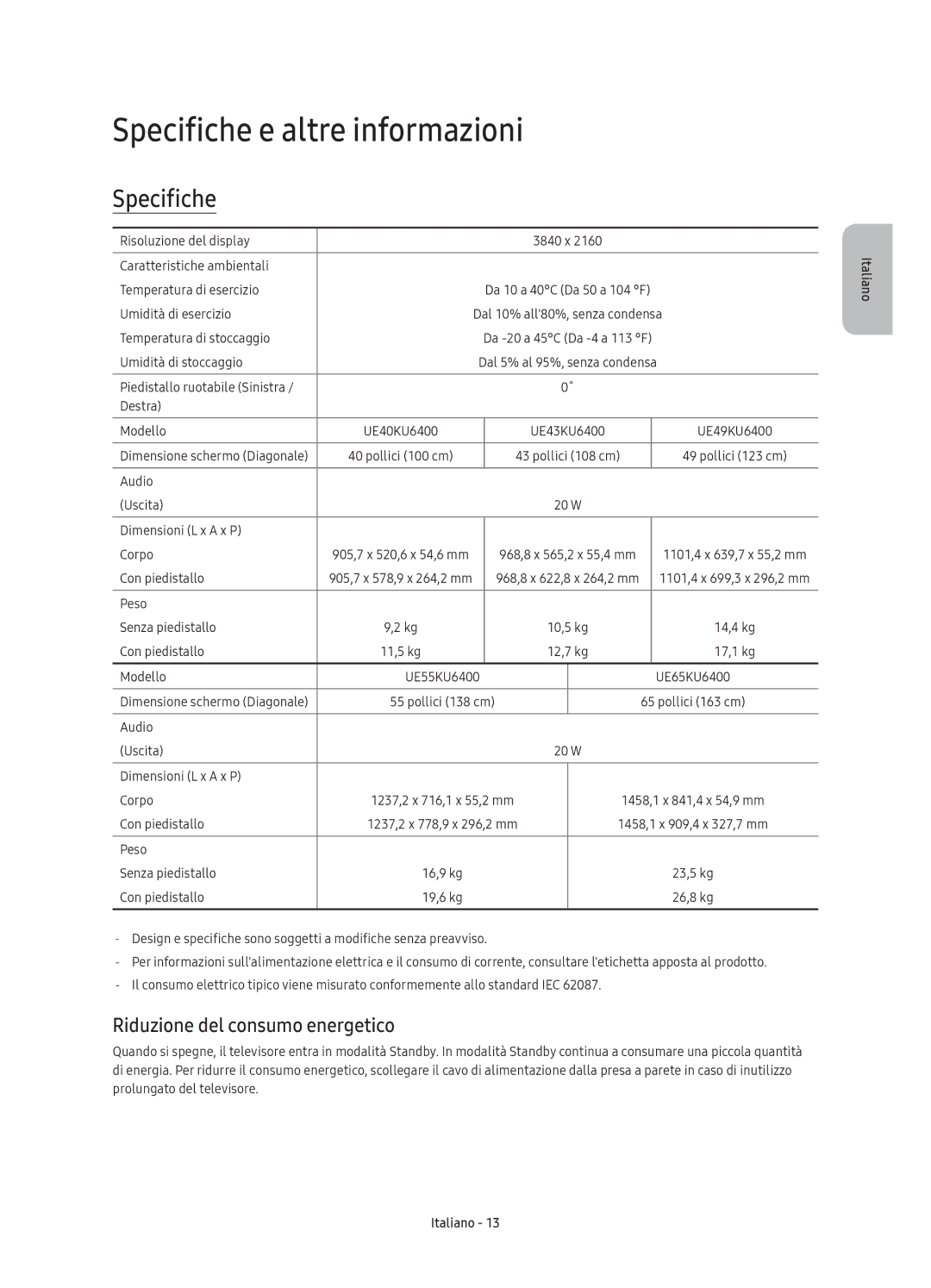 Samsung UE55KU6400UXZT, UE49KU6400UXZT, UE65KU6400UXZT Specifiche e altre informazioni, Riduzione del consumo energetico 