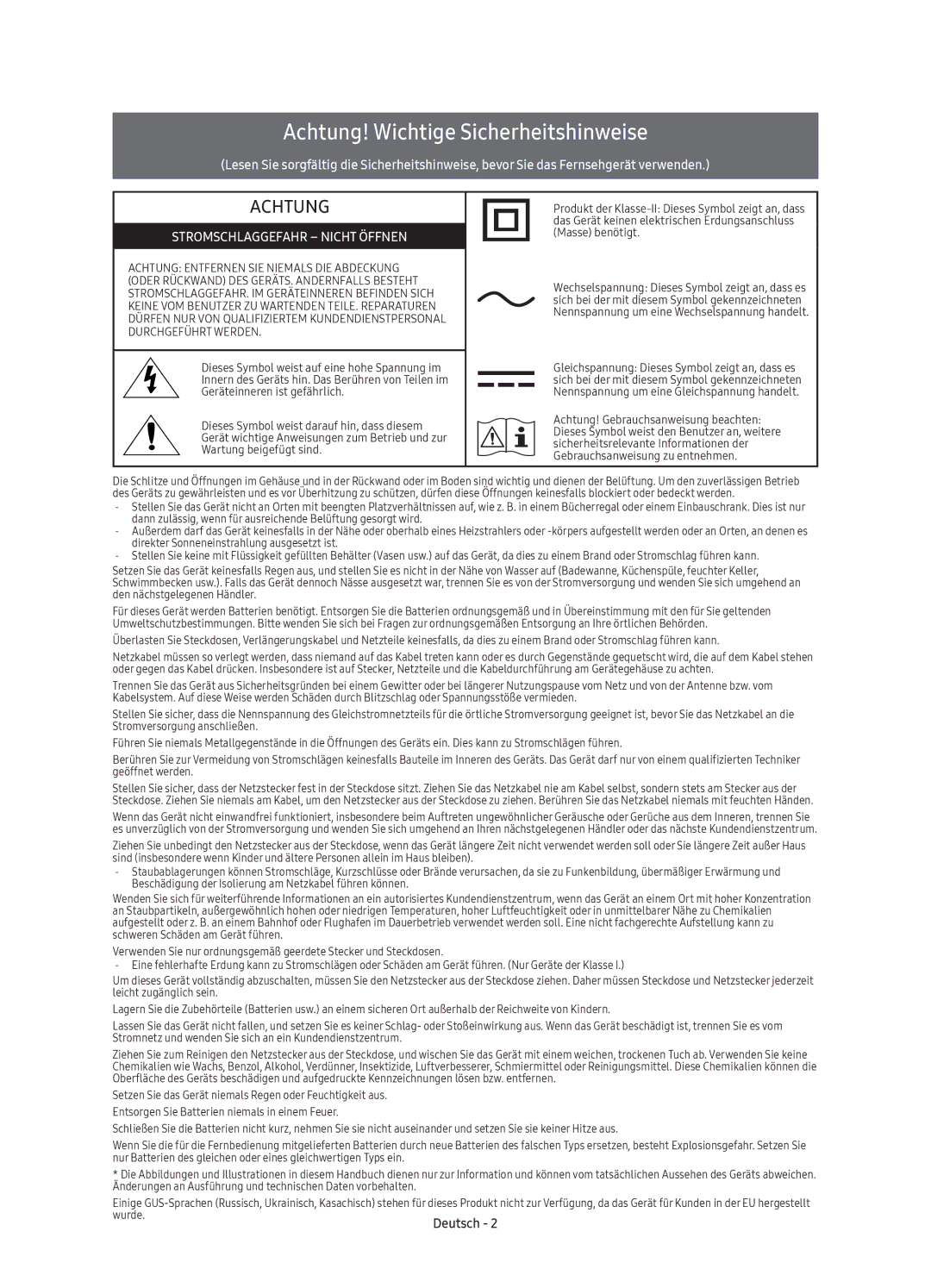 Samsung UE49KU6400UXZT, UE65KU6400UXZT, UE55KU6400UXZT, UE43KU6400UXZT, UE40KU6400UXZT Achtung! Wichtige Sicherheitshinweise 