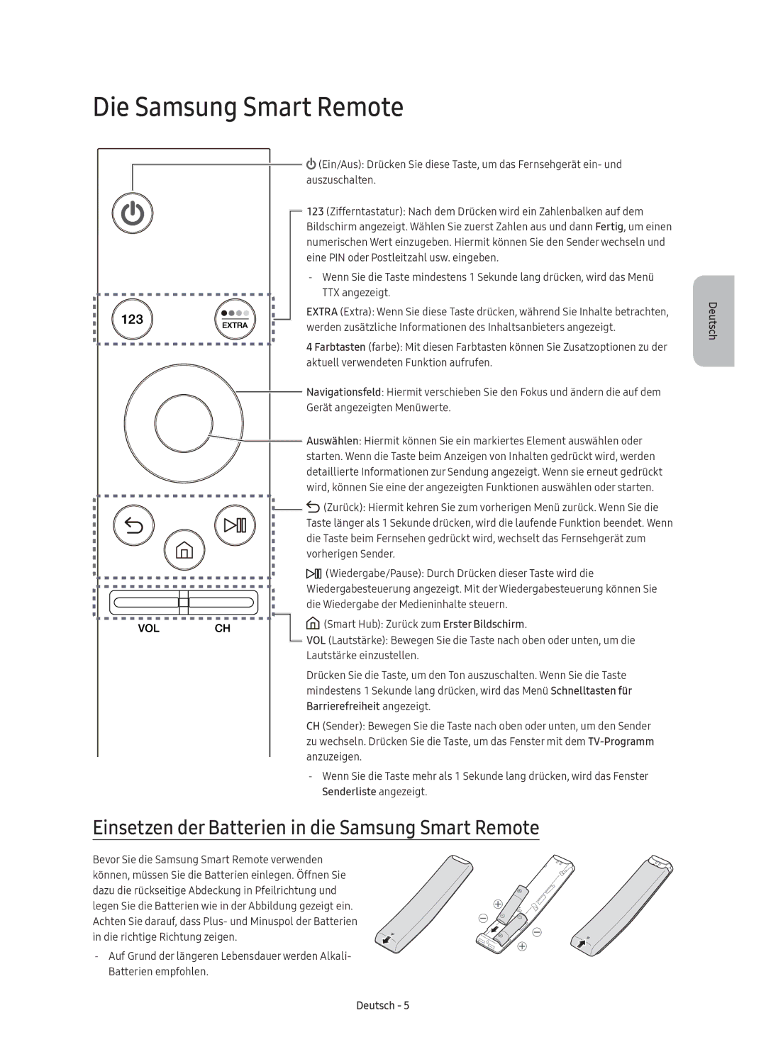 Samsung UE43KU6400UXZT, UE49KU6400UXZT manual Die Samsung Smart Remote, Einsetzen der Batterien in die Samsung Smart Remote 