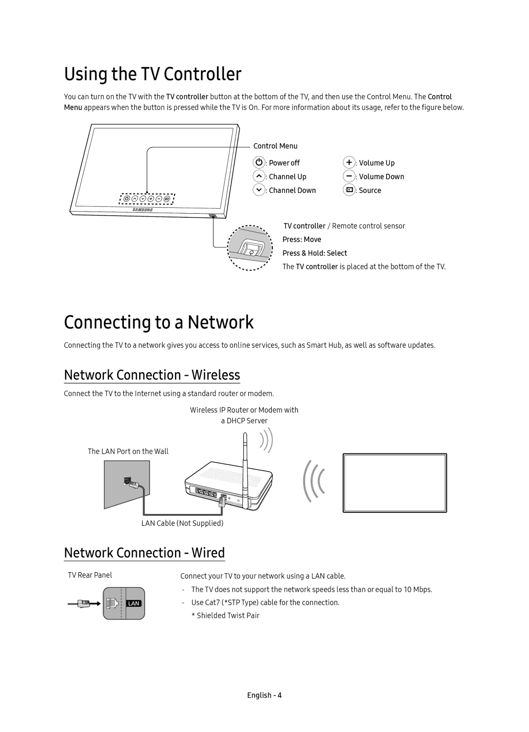 Samsung UE40KU6400UXZT, UE49KU6400UXZT manual Using the TV Controller, Connecting to a Network, Network Connection Wireless 