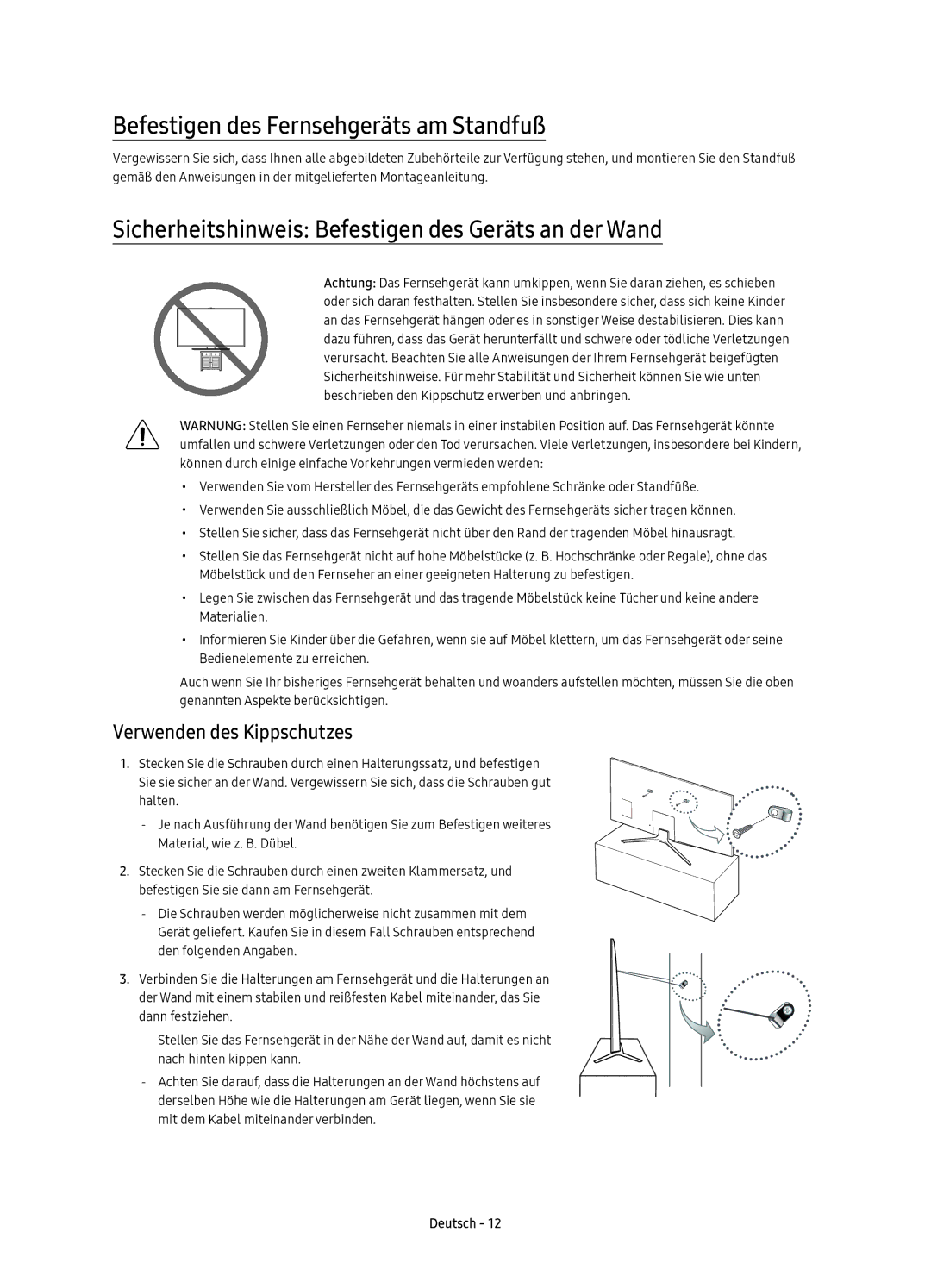 Samsung UE49KU6400UXZT Befestigen des Fernsehgeräts am Standfuß, Sicherheitshinweis Befestigen des Geräts an der Wand 