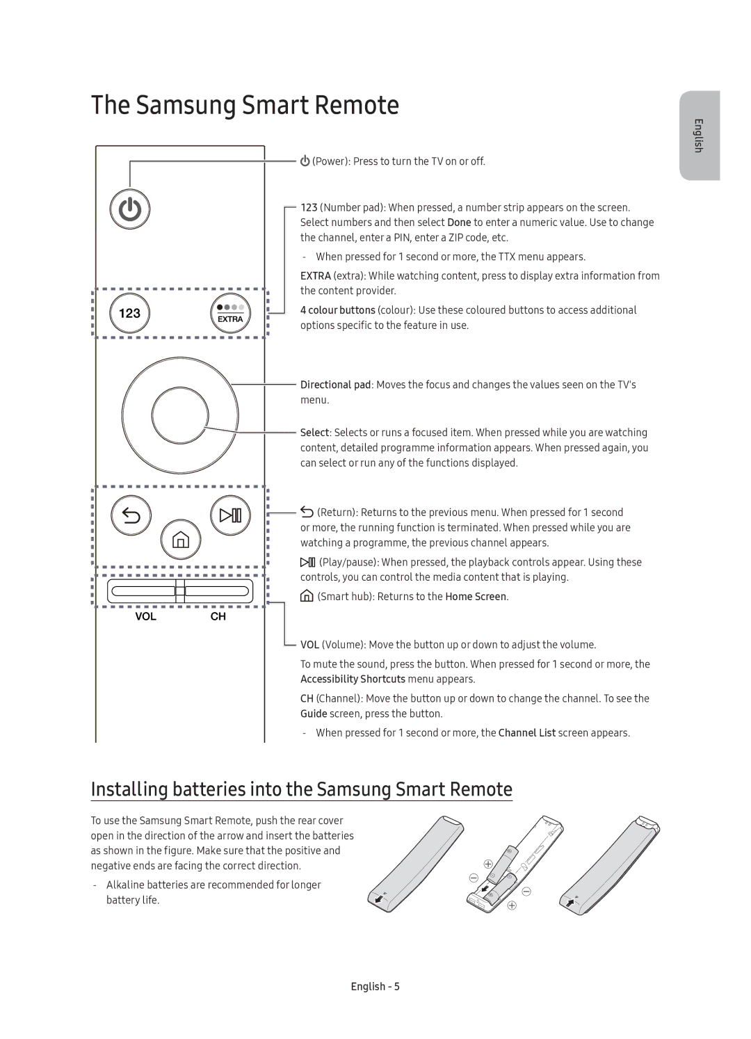 Samsung UE49KU6400UXZT, UE65KU6400UXZT, UE55KU6400UXZT manual Installing batteries into the Samsung Smart Remote 