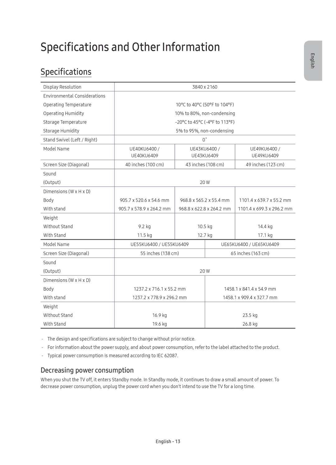 Samsung UE49KU6400UXZT, UE49KU6409UXZG, UE43KU6409UXZG Specifications and Other Information, Decreasing power consumption 