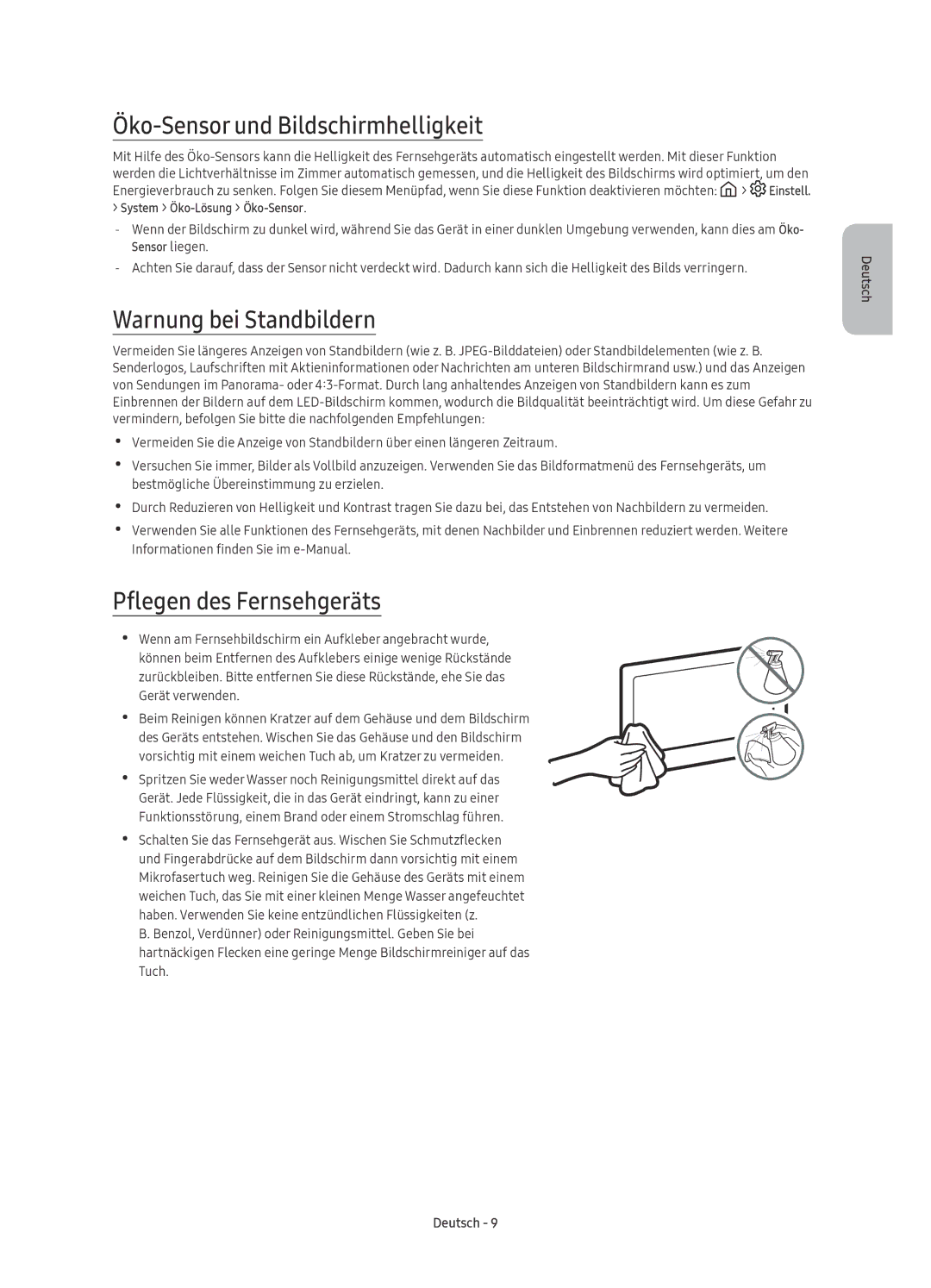 Samsung UE40KU6400UXXU manual Öko-Sensor und Bildschirmhelligkeit, Warnung bei Standbildern, Pflegen des Fernsehgeräts 