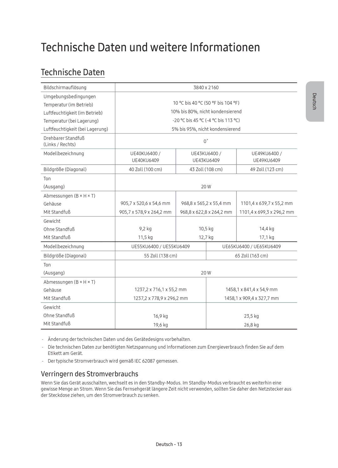 Samsung UE65KU6400UXZG, UE49KU6409UXZG manual Technische Daten und weitere Informationen, Verringern des Stromverbrauchs 