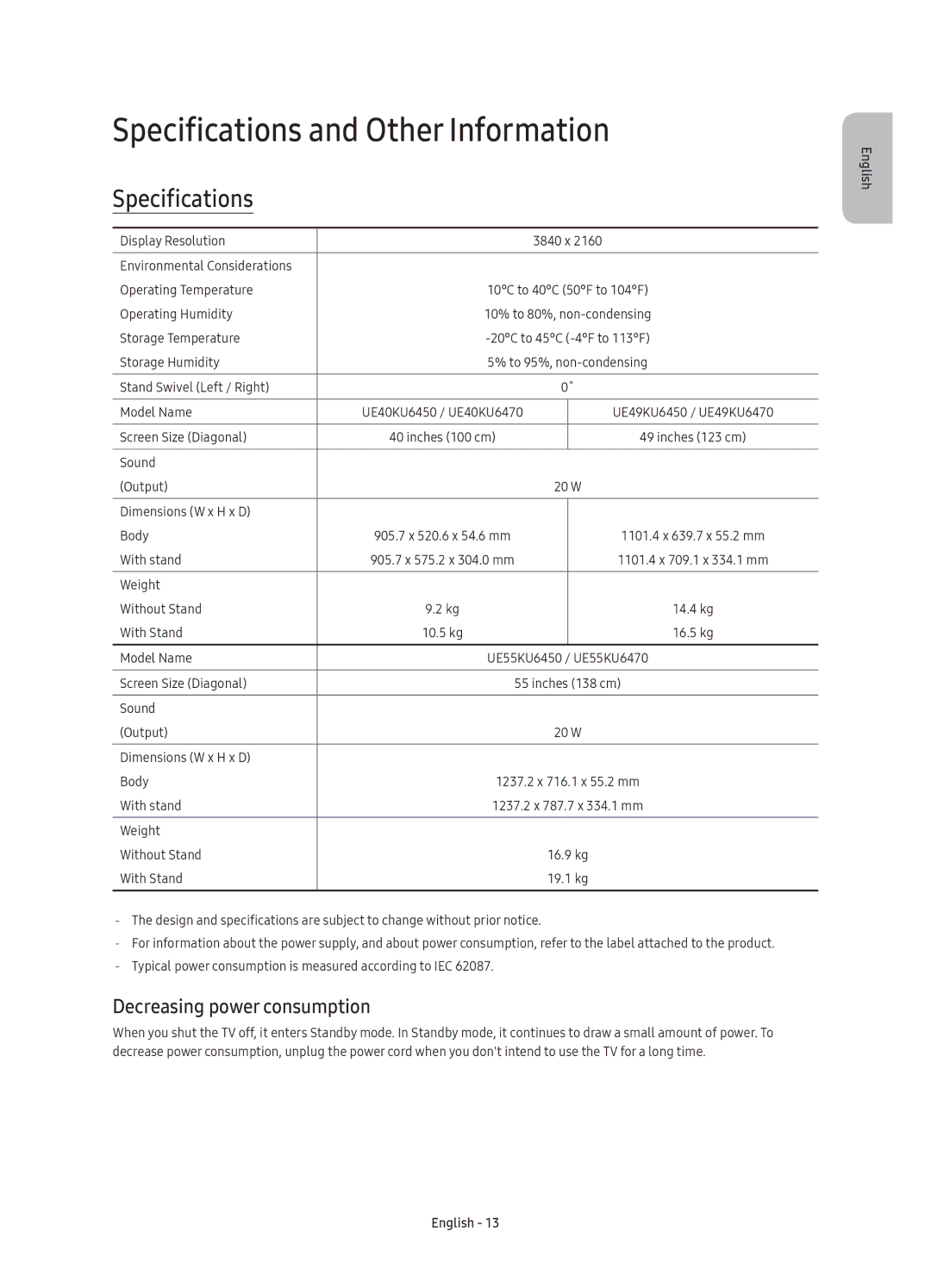 Samsung UE55KU6470UXXU, UE49KU6450UXZG, UE55KU6470UXZF Specifications and Other Information, Decreasing power consumption 