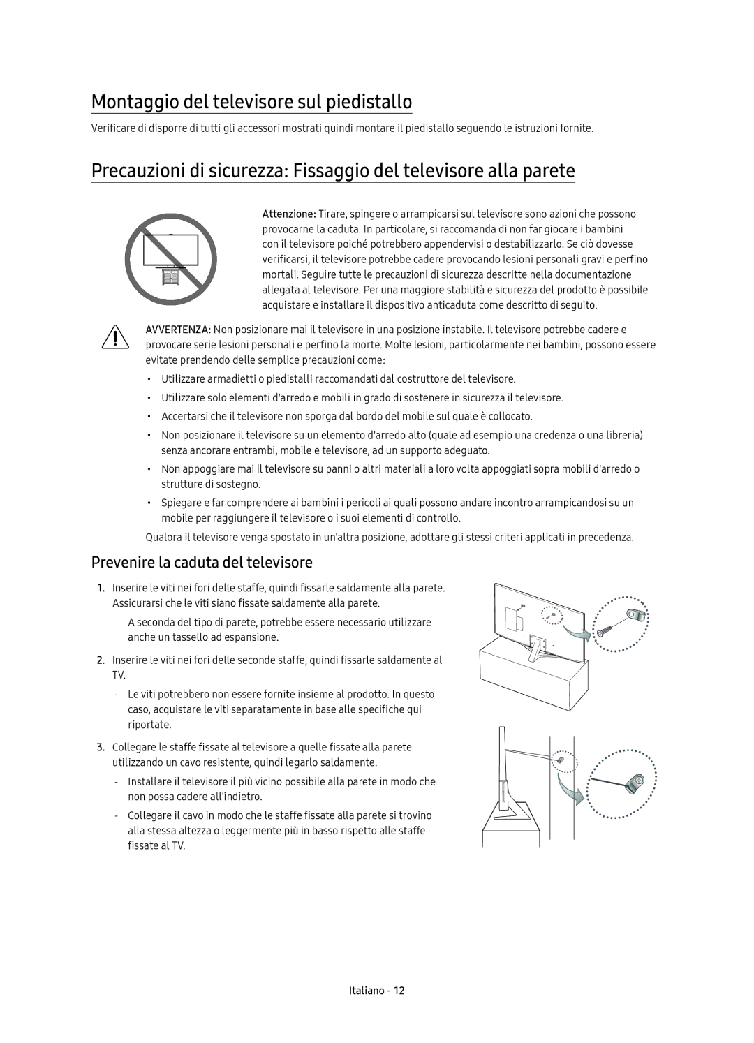 Samsung UE55KU6470UXZG, UE49KU6450UXZG manual Montaggio del televisore sul piedistallo, Prevenire la caduta del televisore 