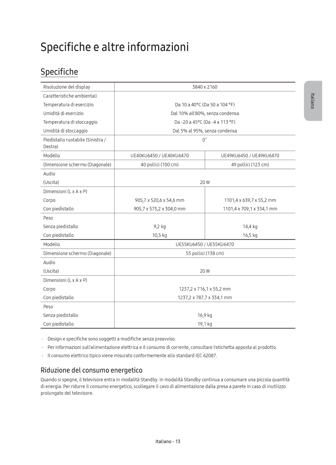 Samsung UE55KU6470UXXU, UE49KU6450UXZG, UE55KU6470UXZF Specifiche e altre informazioni, Riduzione del consumo energetico 