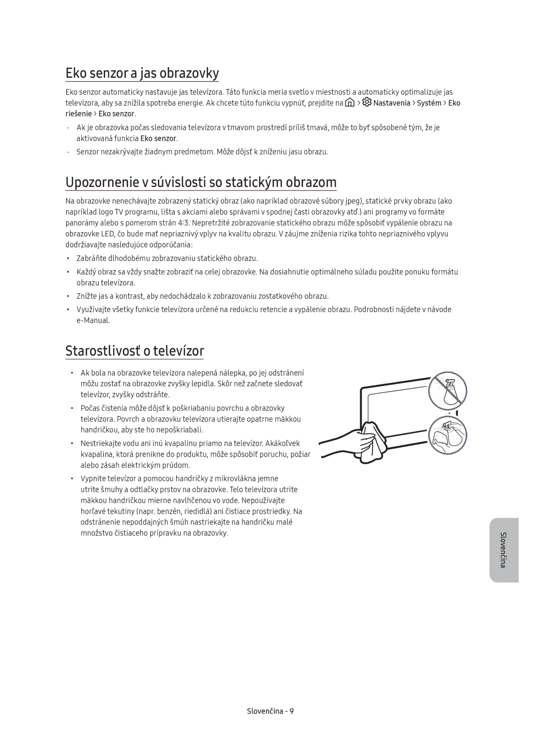 Samsung UE65KU6500SXXN, UE49KU6500SXXH manual Eko senzor a jas obrazovky, Upozornenie v súvislosti so statickým obrazom 