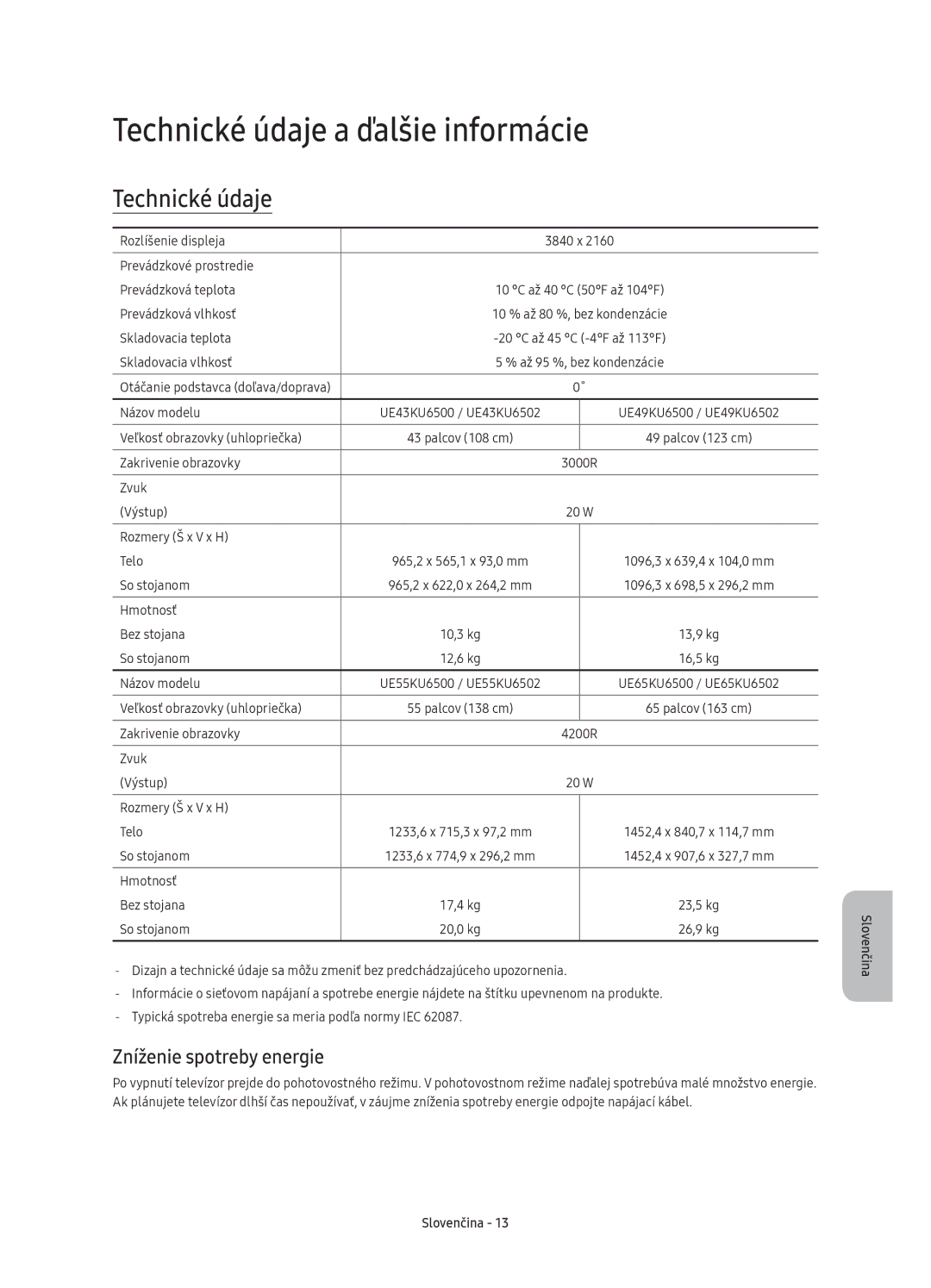 Samsung UE43KU6500SXXN, UE49KU6500SXXH, UE55KU6500SXXH manual Technické údaje a ďalšie informácie, Zníženie spotreby energie 