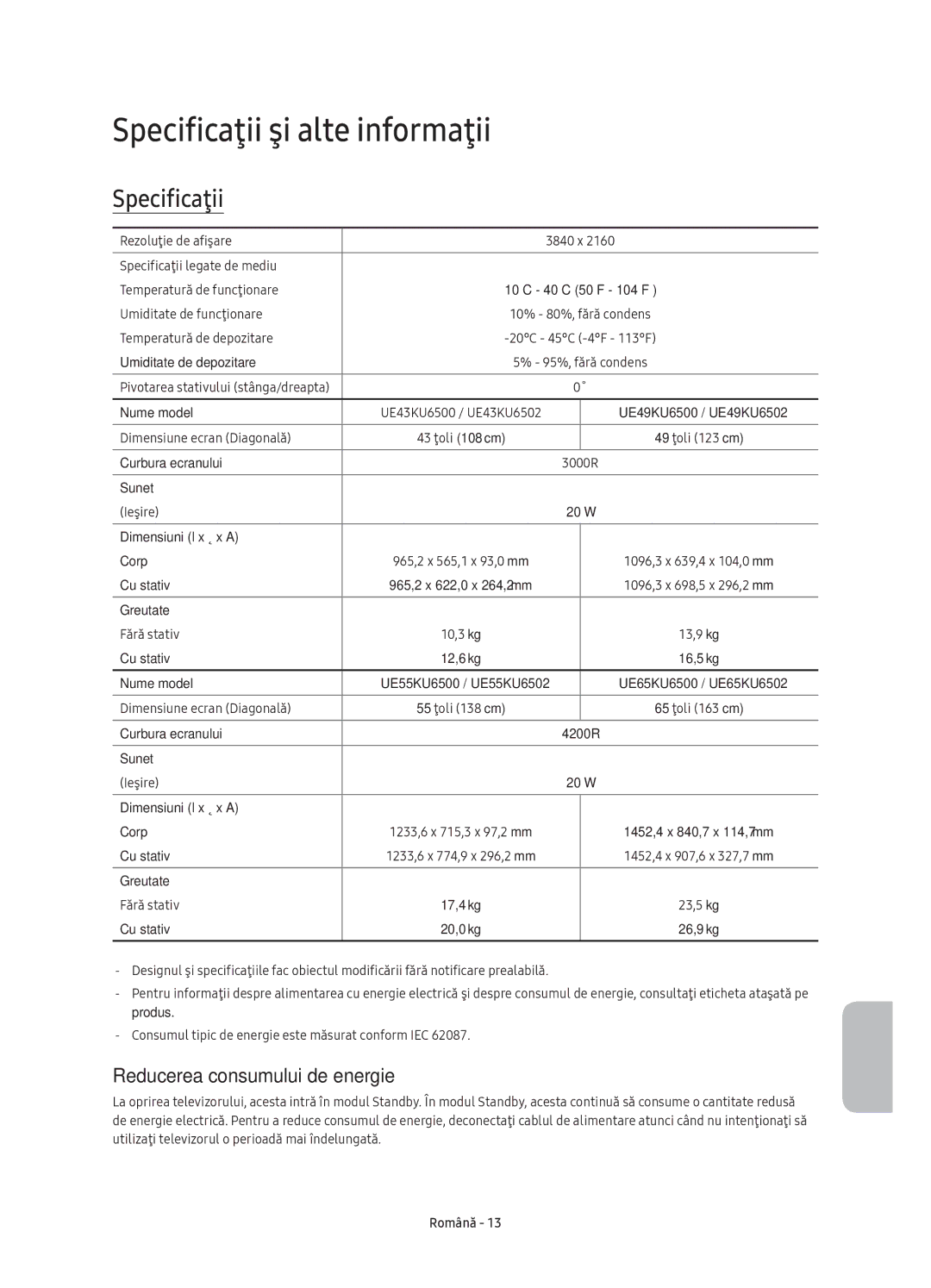 Samsung UE43KU6502UXXH, UE49KU6500SXXH, UE55KU6500SXXH Specificaţii şi alte informaţii, Reducerea consumului de energie 