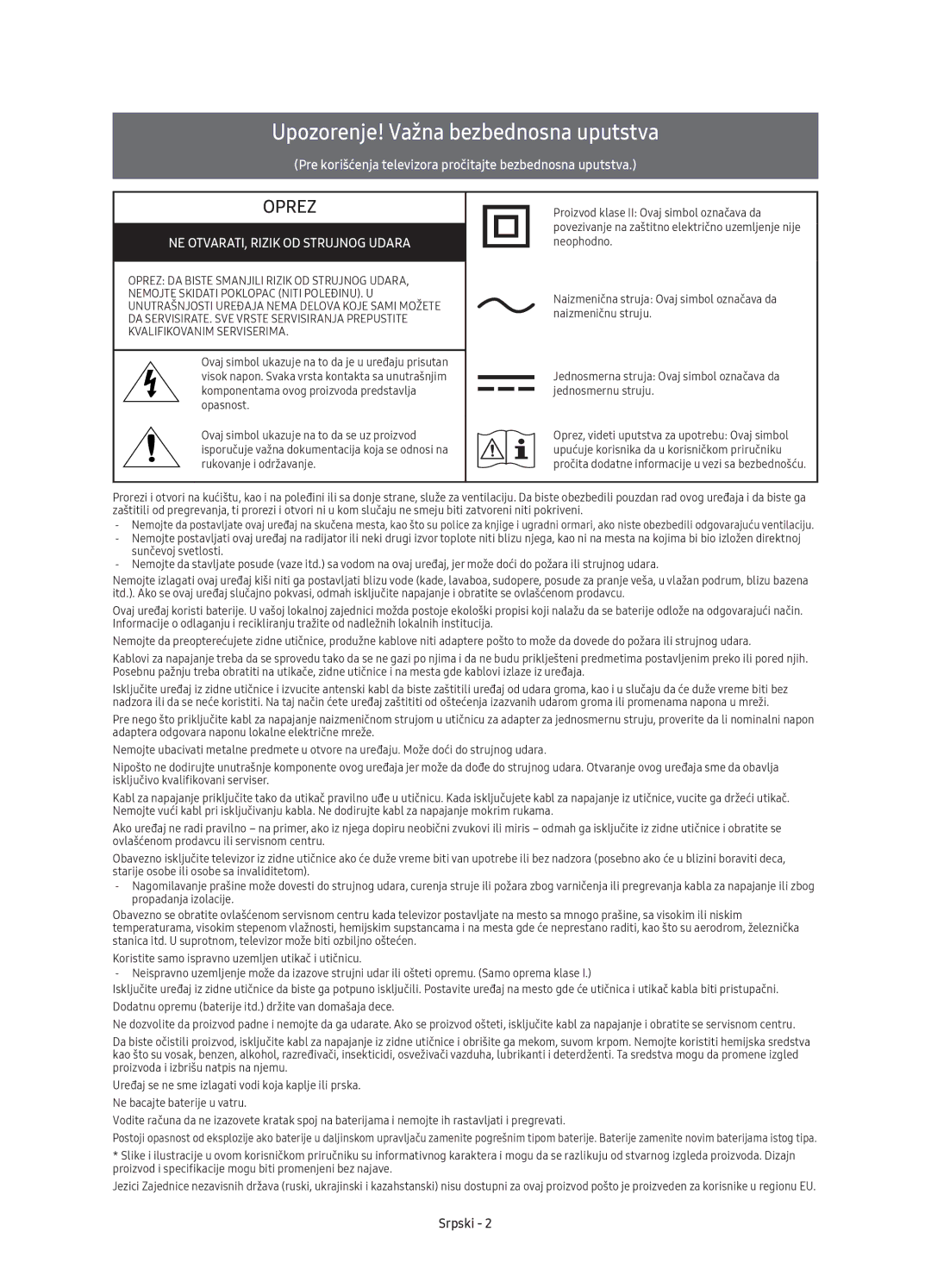 Samsung UE49KU6500SXXN manual Upozorenje! Važna bezbednosna uputstva, NE OTVARATI, Rizik OD Strujnog Udara, Srpski 