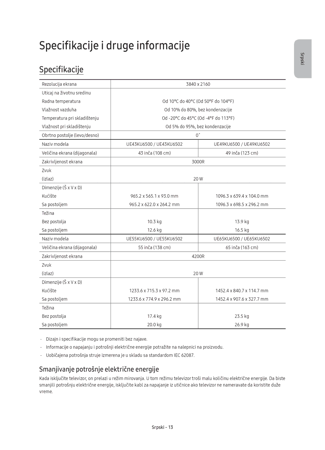 Samsung UE55KU6502UXXH, UE49KU6500SXXH manual Specifikacije i druge informacije, Smanjivanje potrošnje električne energije 