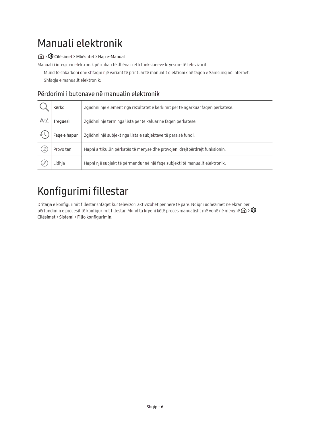 Samsung UE65KU6500SXXH Manuali elektronik, Konfigurimi fillestar, Përdorimi i butonave në manualin elektronik 