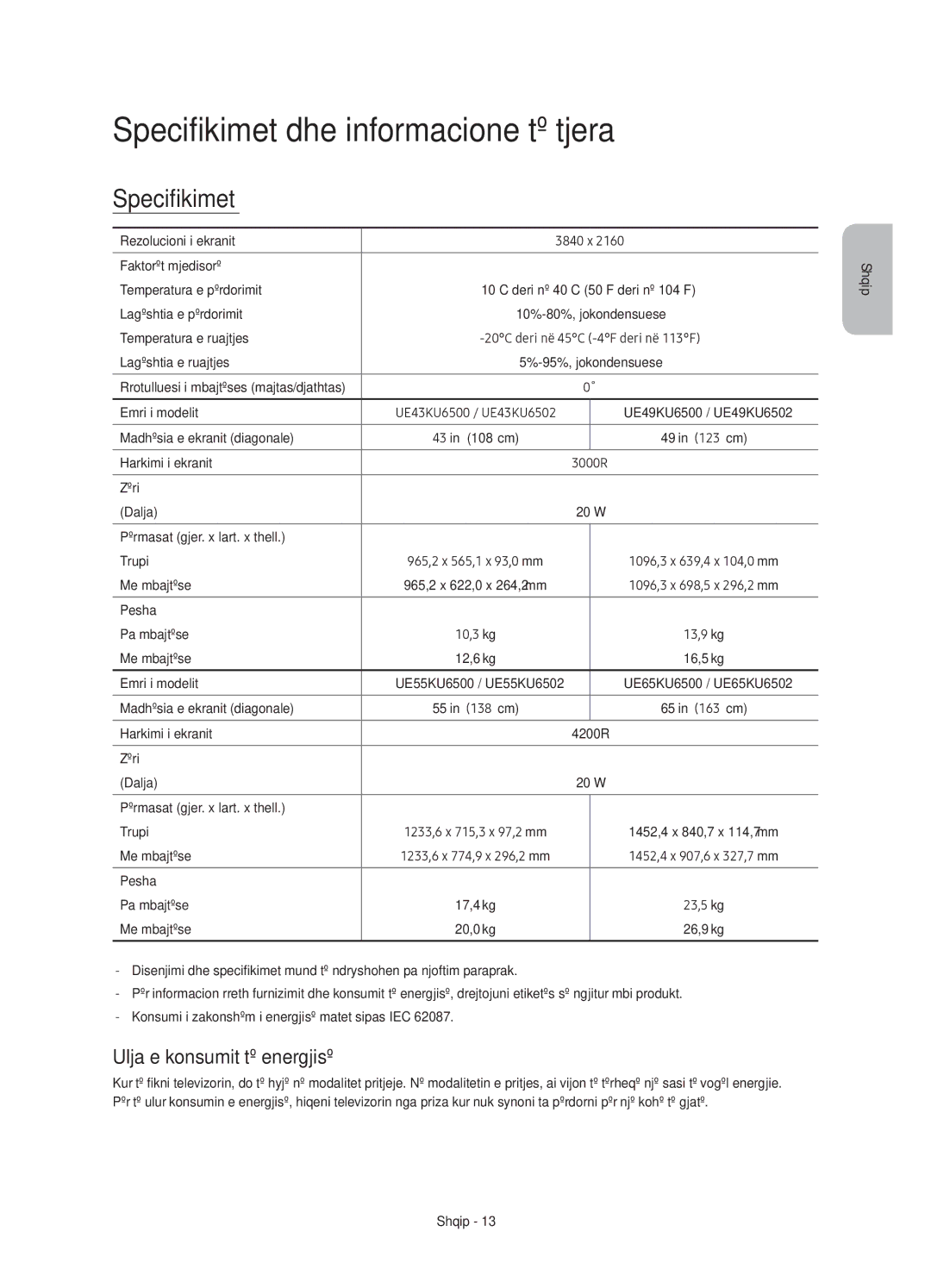 Samsung UE43KU6500SXXH, UE49KU6500SXXH, UE55KU6500SXXH Specifikimet dhe informacione të tjera, Ulja e konsumit të energjisë 