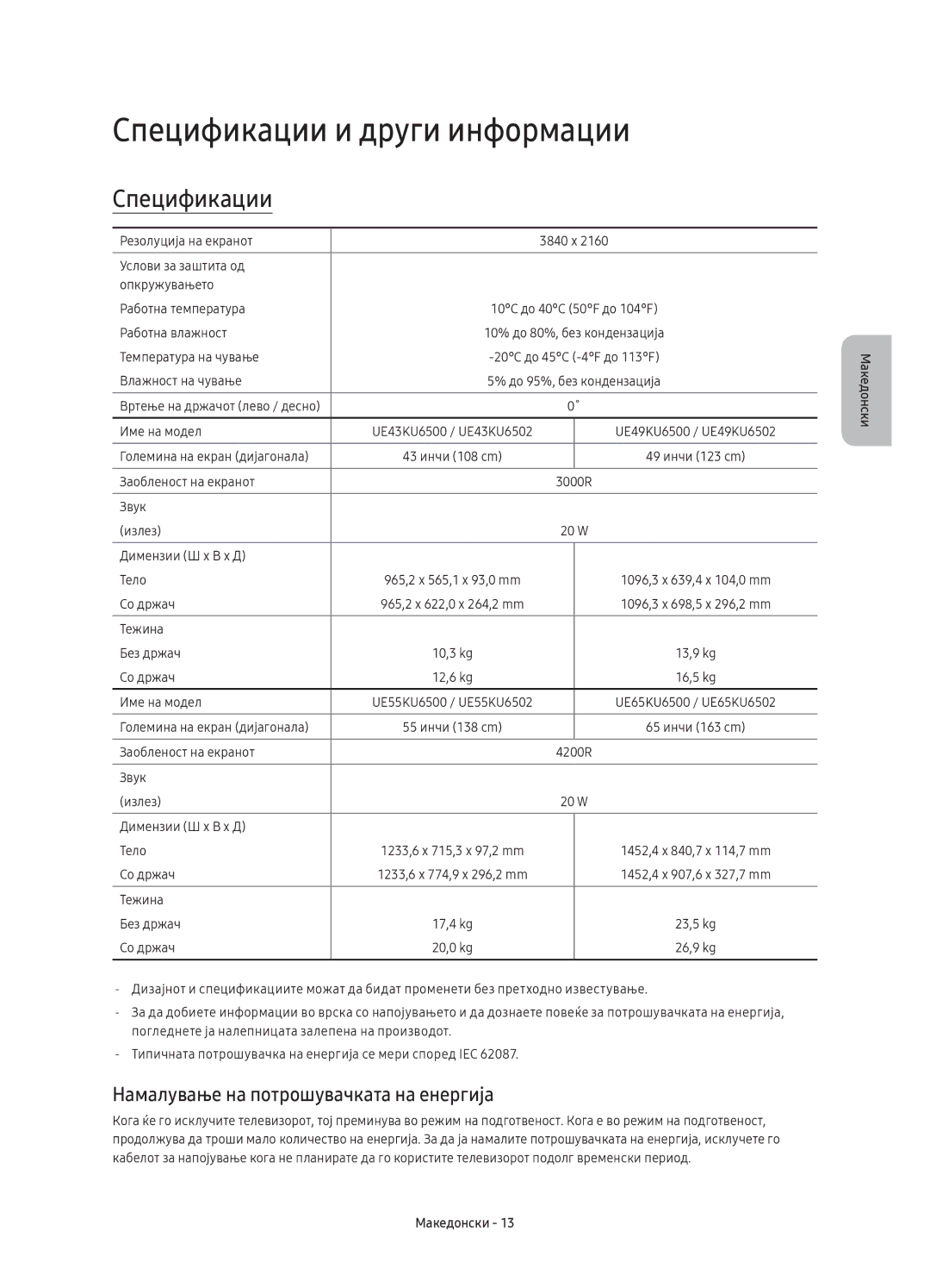 Samsung UE65KU6500SXXN, UE49KU6500SXXH manual Спецификации и други информации, Намалување на потрошувачката на енергија 