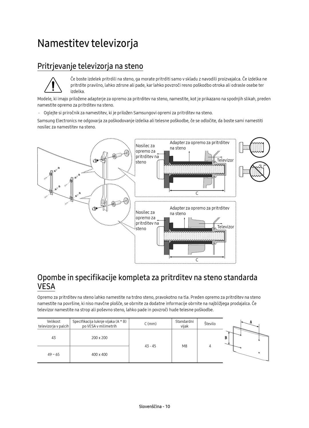 Samsung UE55KU6500SXXN, UE49KU6500SXXH, UE55KU6500SXXH manual Namestitev televizorja, Pritrjevanje televizorja na steno 