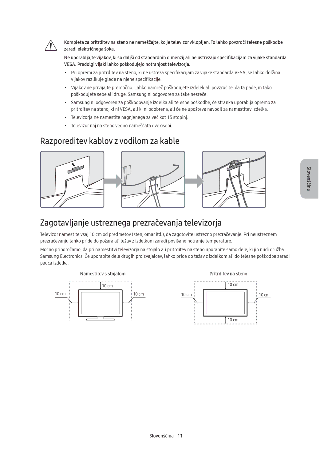 Samsung UE65KU6500SXXN manual Razporeditev kablov z vodilom za kable, Zagotavljanje ustreznega prezračevanja televizorja 