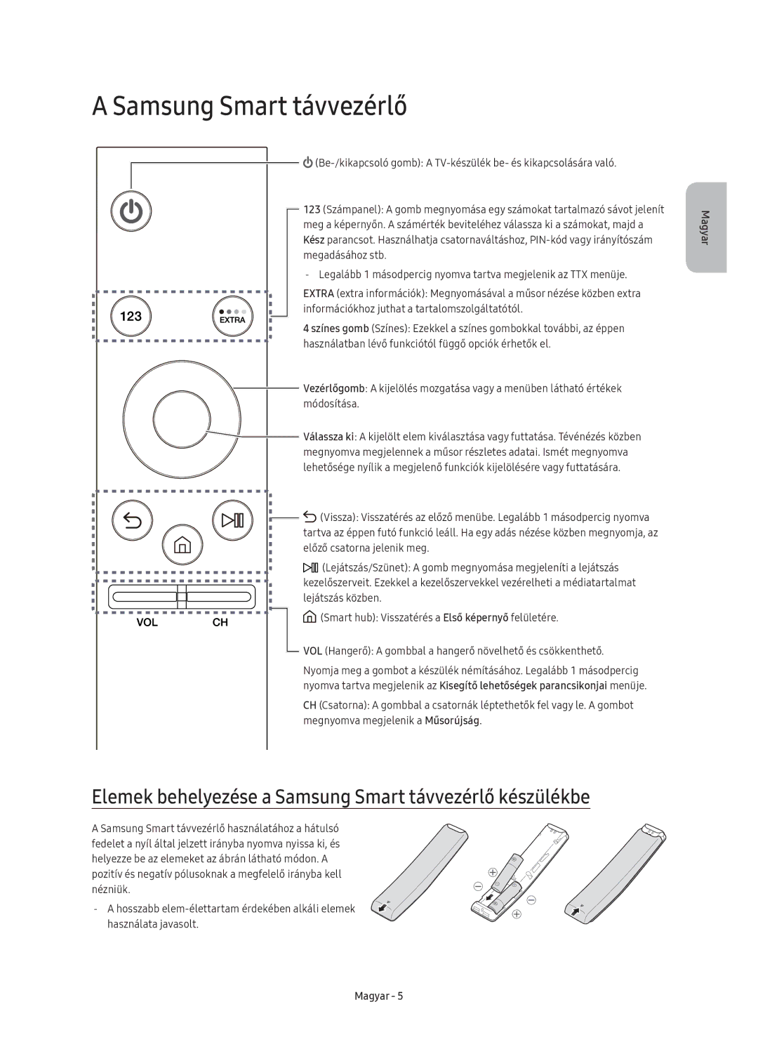 Samsung UE55KU6502UXXH, UE49KU6500SXXH, UE55KU6500SXXH manual Elemek behelyezése a Samsung Smart távvezérlő készülékbe 