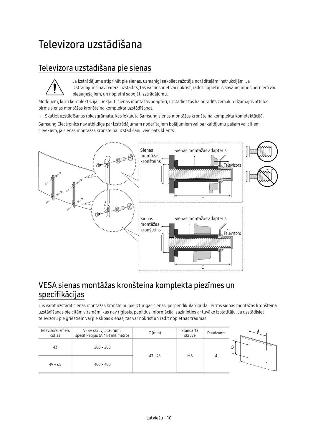 Samsung UE49KU6500SXXH, UE55KU6500SXXH, UE65KU6500SXXH, UE43KU6500SXXN, UE65KU6502UXXH Televizora uzstādīšana pie sienas 