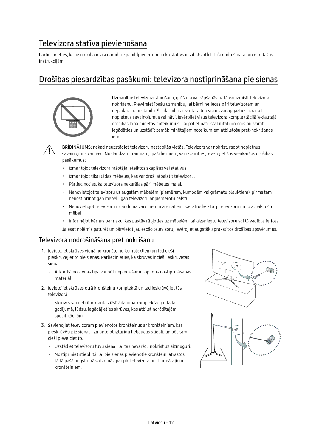 Samsung UE65KU6500SXXH, UE49KU6500SXXH manual Televizora statīva pievienošana, Televizora nodrošināšana pret nokrišanu 