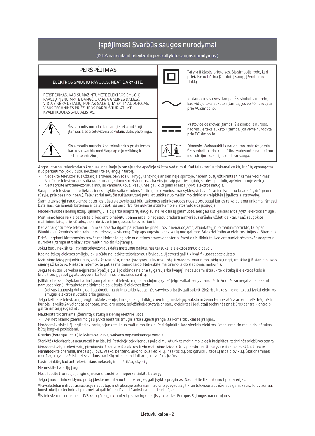 Samsung UE49KU6502UXXH manual Įspėjimas! Svarbūs saugos nurodymai, Elektros Smūgio PAVOJUS. Neatidarykite, Lietuvių kalba 