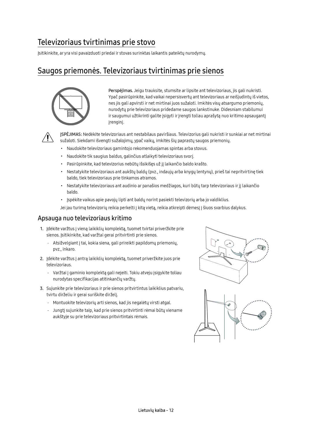 Samsung UE65KU6502UXXH manual Televizoriaus tvirtinimas prie stovo, Saugos priemonės. Televizoriaus tvirtinimas prie sienos 