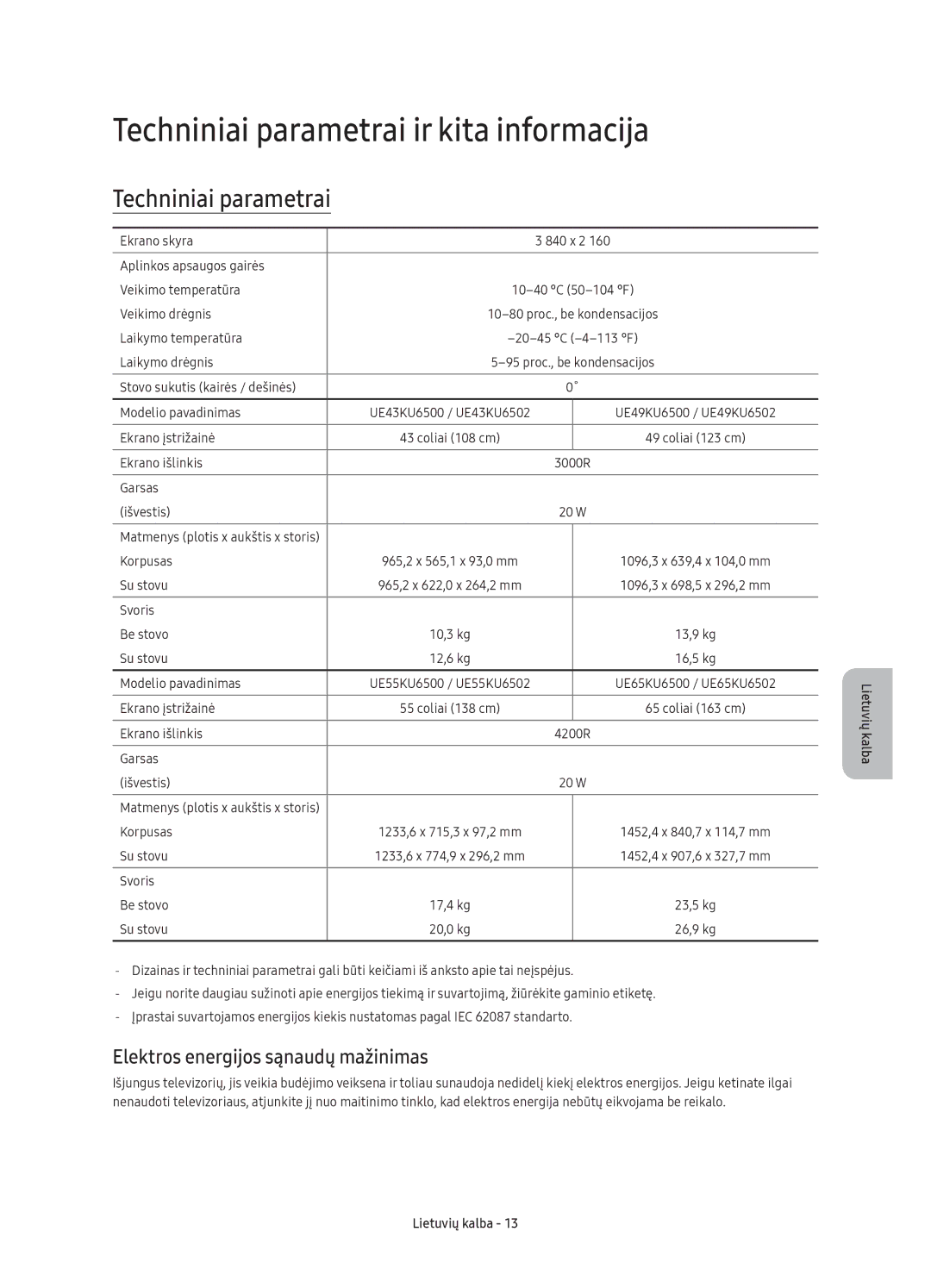 Samsung UE43KU6502UXXH, UE49KU6500SXXH Techniniai parametrai ir kita informacija, Elektros energijos sąnaudų mažinimas 