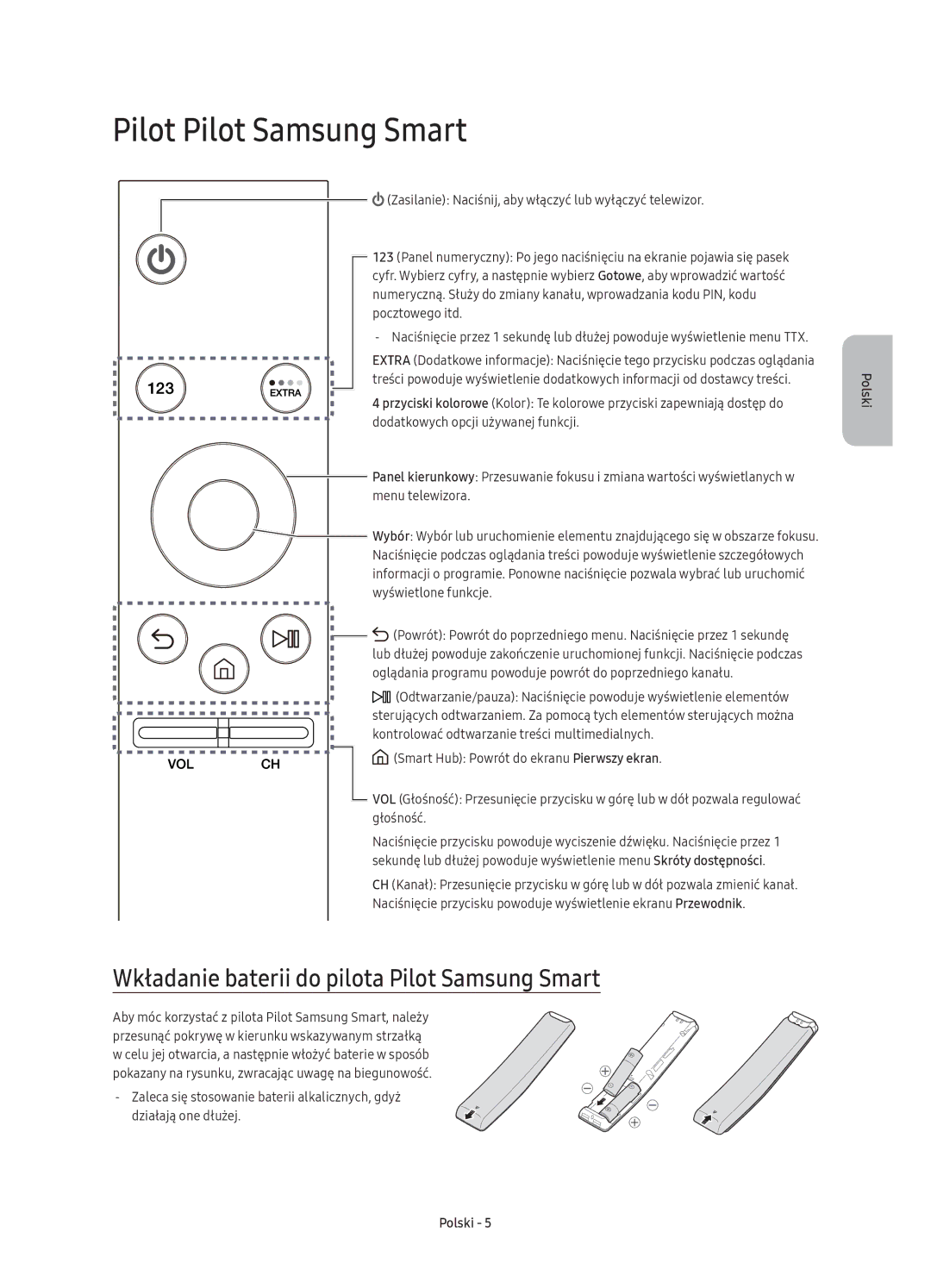 Samsung UE43KU6500SXXH, UE49KU6500SXXH manual Pilot Pilot Samsung Smart, Wkładanie baterii do pilota Pilot Samsung Smart 