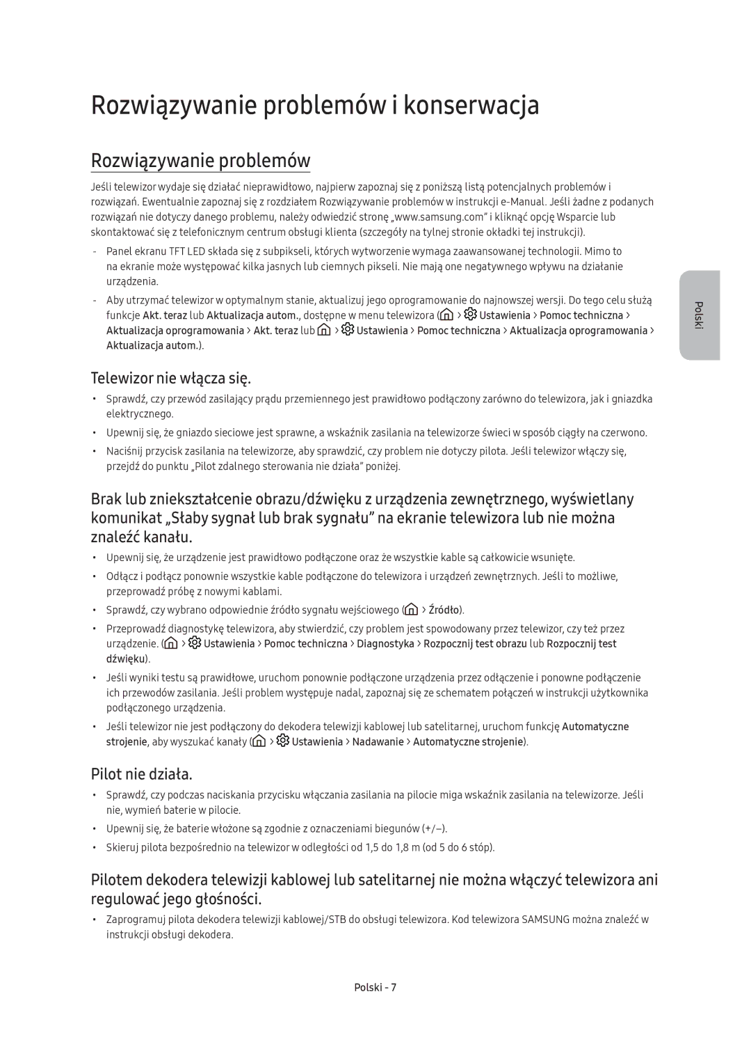 Samsung UE65KU6500SXXN, UE49KU6500SXXH Rozwiązywanie problemów i konserwacja, Telewizor nie włącza się, Pilot nie działa 