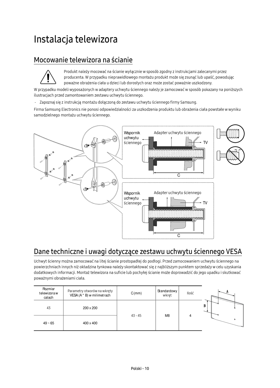 Samsung UE65KU6500SXXH, UE49KU6500SXXH, UE55KU6500SXXH manual Instalacja telewizora, Mocowanie telewizora na ścianie 
