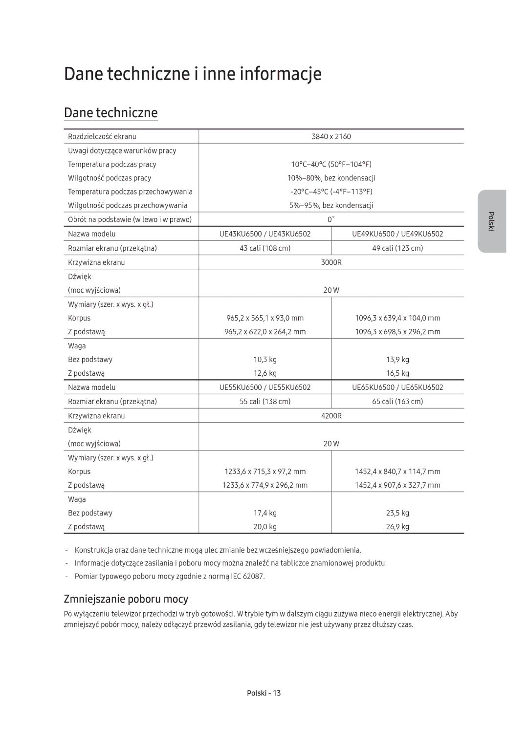 Samsung UE43KU6502UXXH, UE49KU6500SXXH, UE55KU6500SXXH manual Dane techniczne i inne informacje, Zmniejszanie poboru mocy 