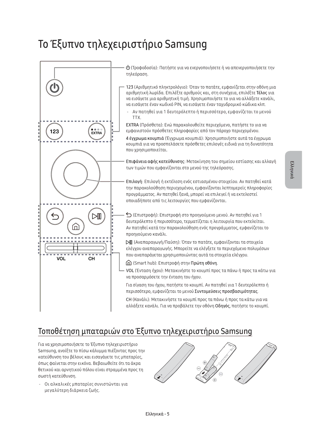 Samsung UE65KU6500SXXN manual Το Έξυπνο τηλεχειριστήριο Samsung, Τοποθέτηση μπαταριών στο Έξυπνο τηλεχειριστήριο Samsung 