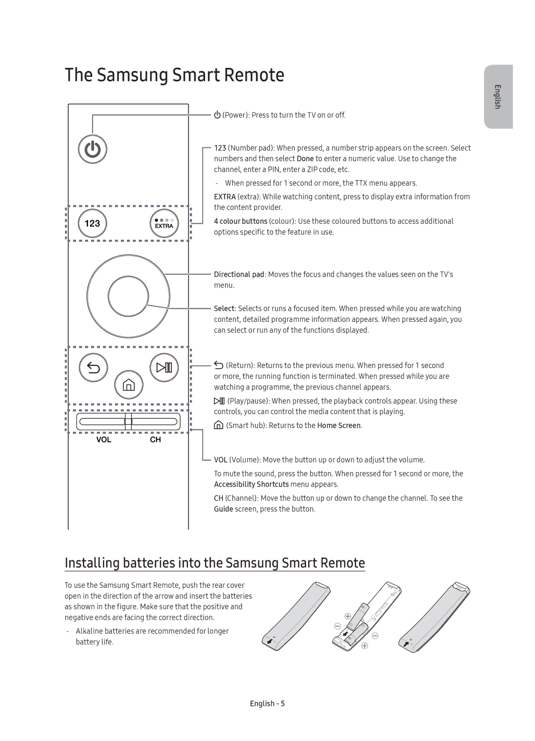 Samsung UE43KU6502UXXH manual Installing batteries into the Samsung Smart Remote, Accessibility Shortcuts menu appears 