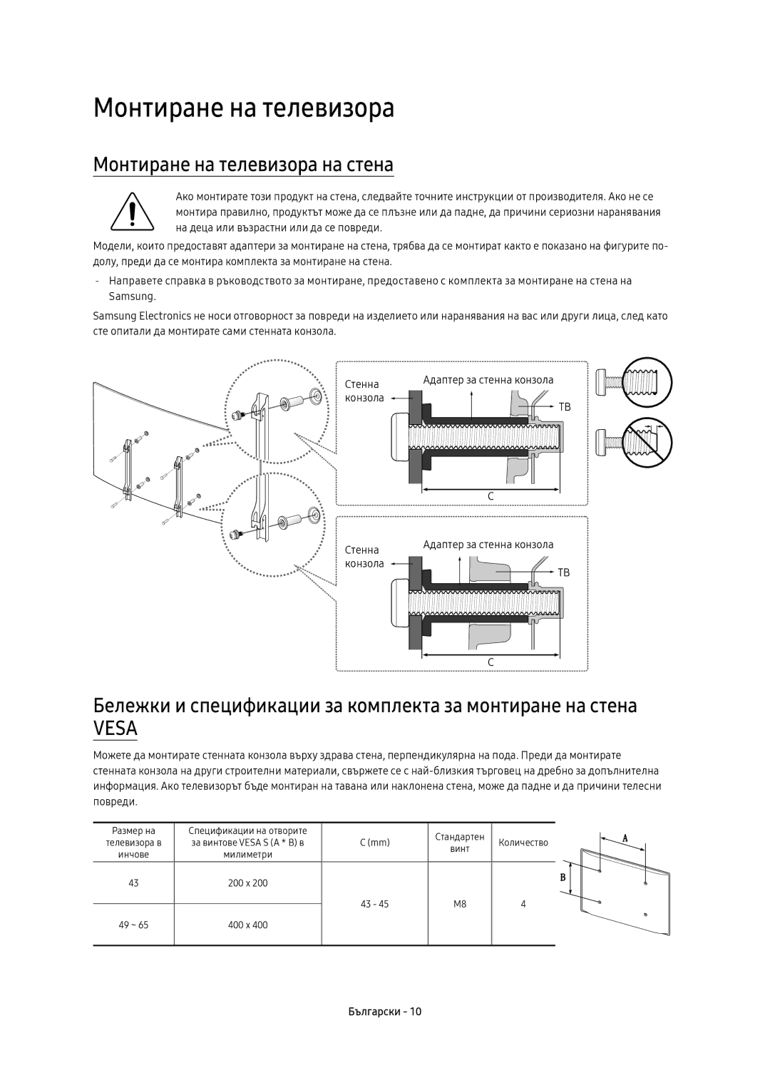 Samsung UE49KU6502UXXH Монтиране на телевизора на стена, Бележки и спецификации за комплекта за монтиране на стена 