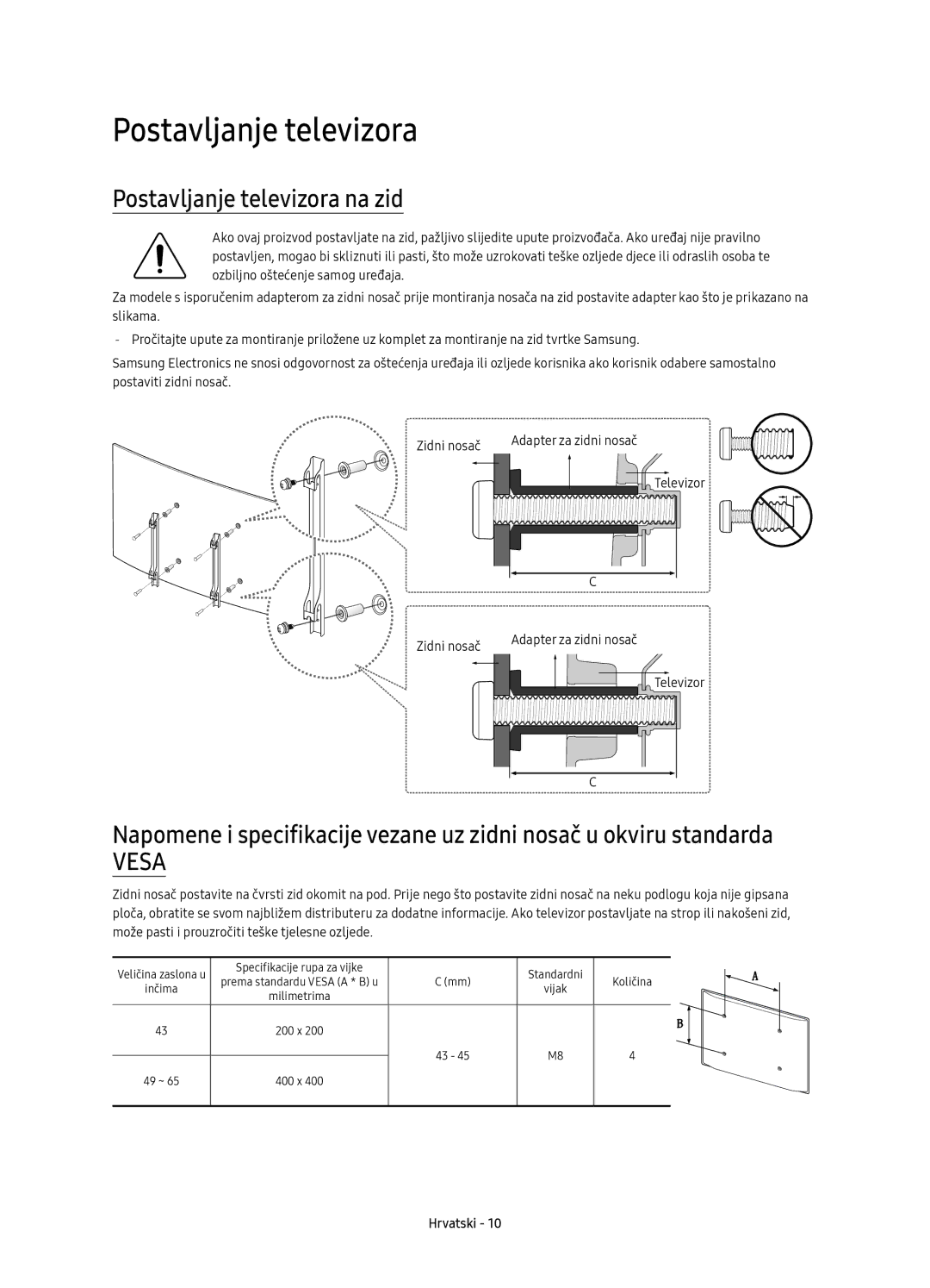 Samsung UE49KU6500SXXN, UE49KU6500SXXH, UE55KU6500SXXH, UE65KU6500SXXH, UE43KU6500SXXN Postavljanje televizora na zid 