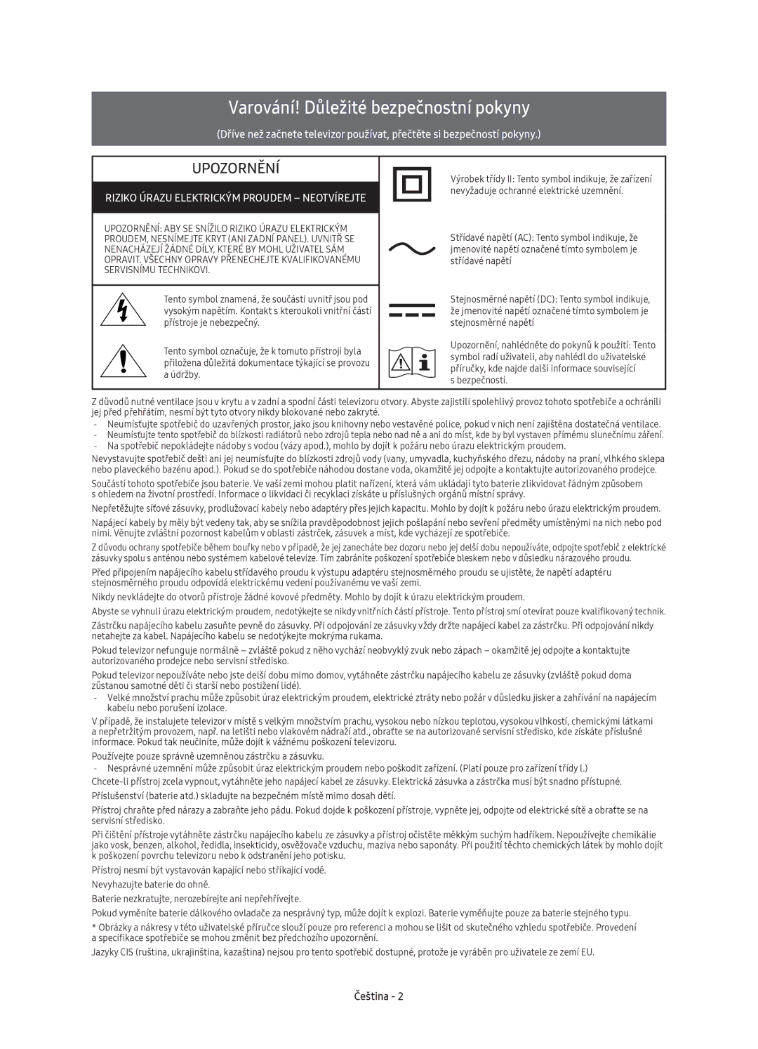 Samsung UE65KU6500SXXH manual Varování! Důležité bezpečnostní pokyny, Riziko Úrazu Elektrickým Proudem Neotvírejte, Čeština 