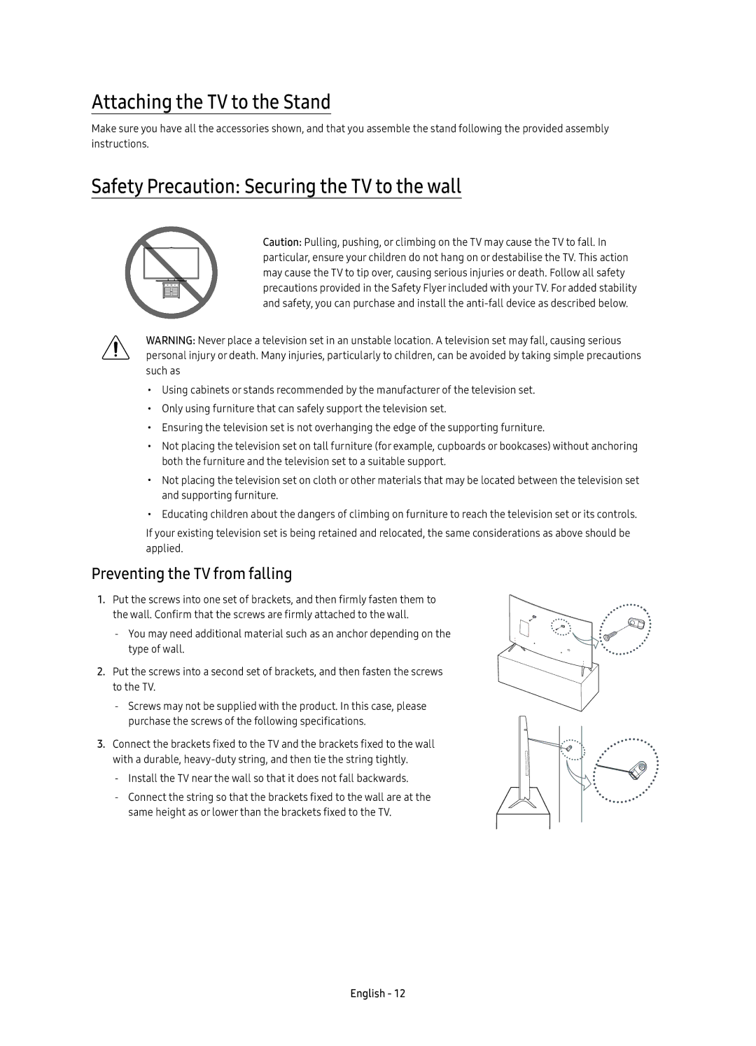 Samsung UE55KU6510UXRU, UE49KU6510UXRU manual Attaching the TV to the Stand, Safety Precaution Securing the TV to the wall 