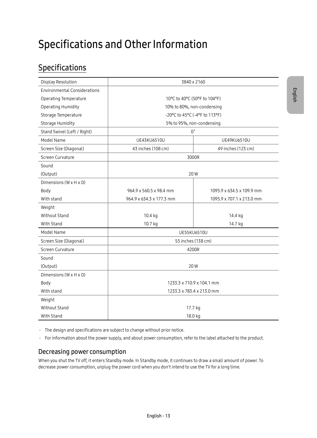 Samsung UE43KU6510UXRU, UE49KU6510UXRU, UE55KU6510UXRU Specifications and Other Information, Decreasing power consumption 